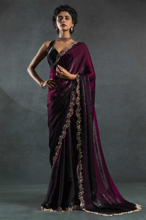 Purple Satin Silk Two Tone Saree with Intricate Zarkan Embellishments
