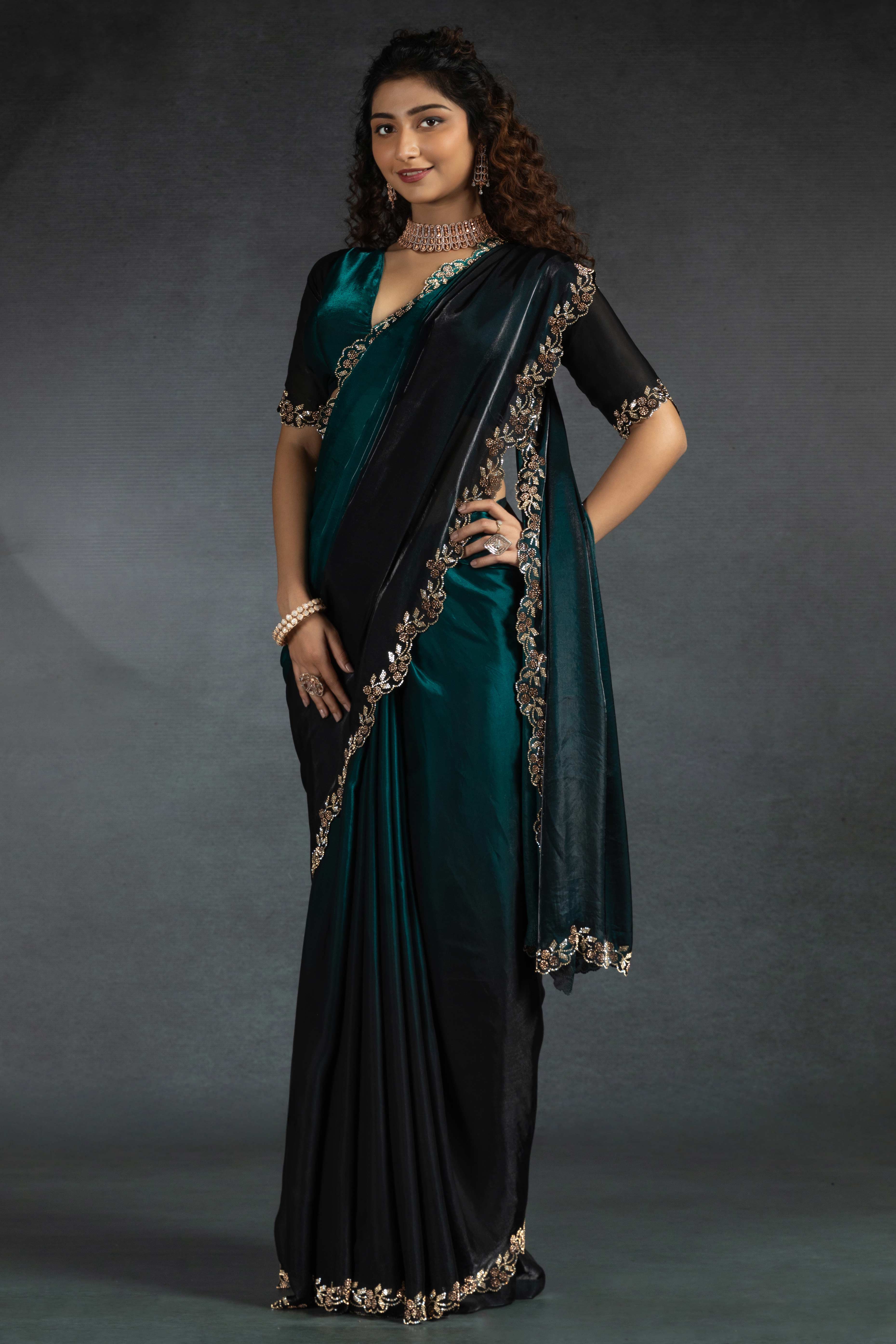 Teal Satin Silk Two Tone Saree with Intricate Zarkan Embellishments