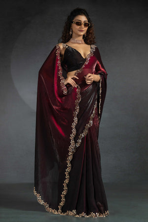 Maroon Satin Silk Two Tone Saree with Intricate Zarkan Embellishments