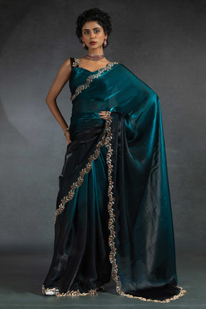 Morpich Blue Satin Silk Two Tone Saree with Intricate Zarkan Embellishments