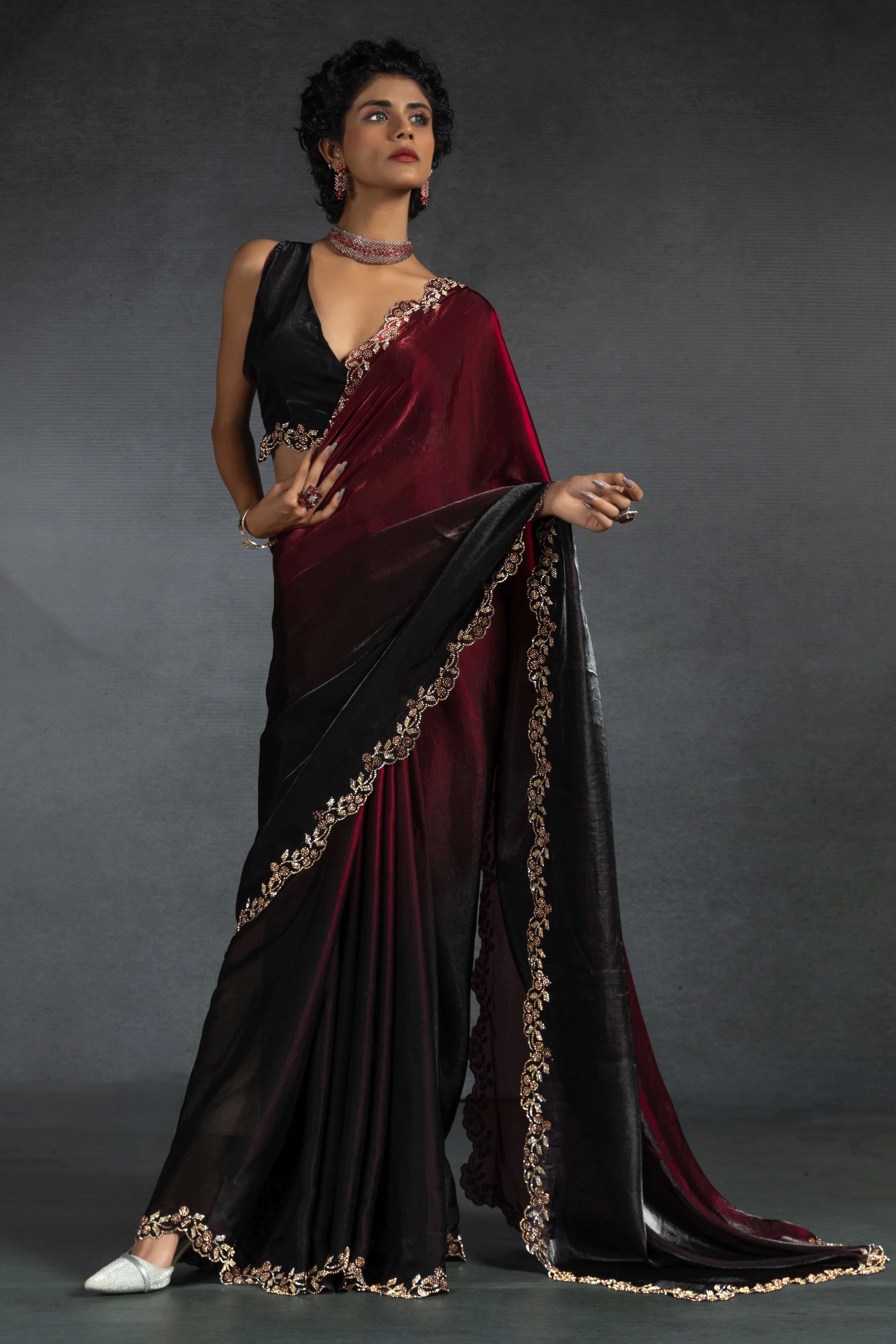 Cherry Red Satin Silk Two Tone Saree with Intricate Zarkan Embellishments