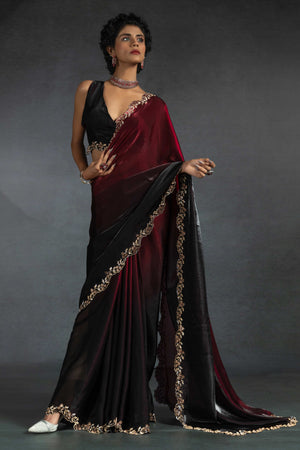 Cherry Red Satin Silk Two Tone Saree with Intricate Zarkan Embellishments