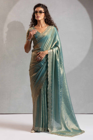 Sea Green Satin Saree with Glamorous Stone Embellishment