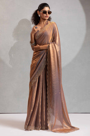 Brown Satin Saree with Glamorous Stone Embellishment