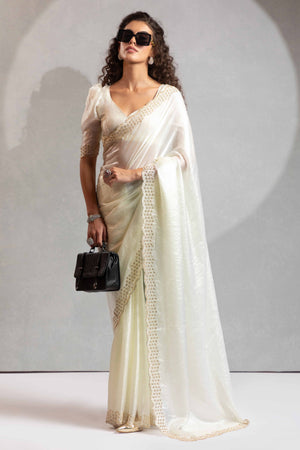 White Satin Saree with Glamorous Stone Embellishment