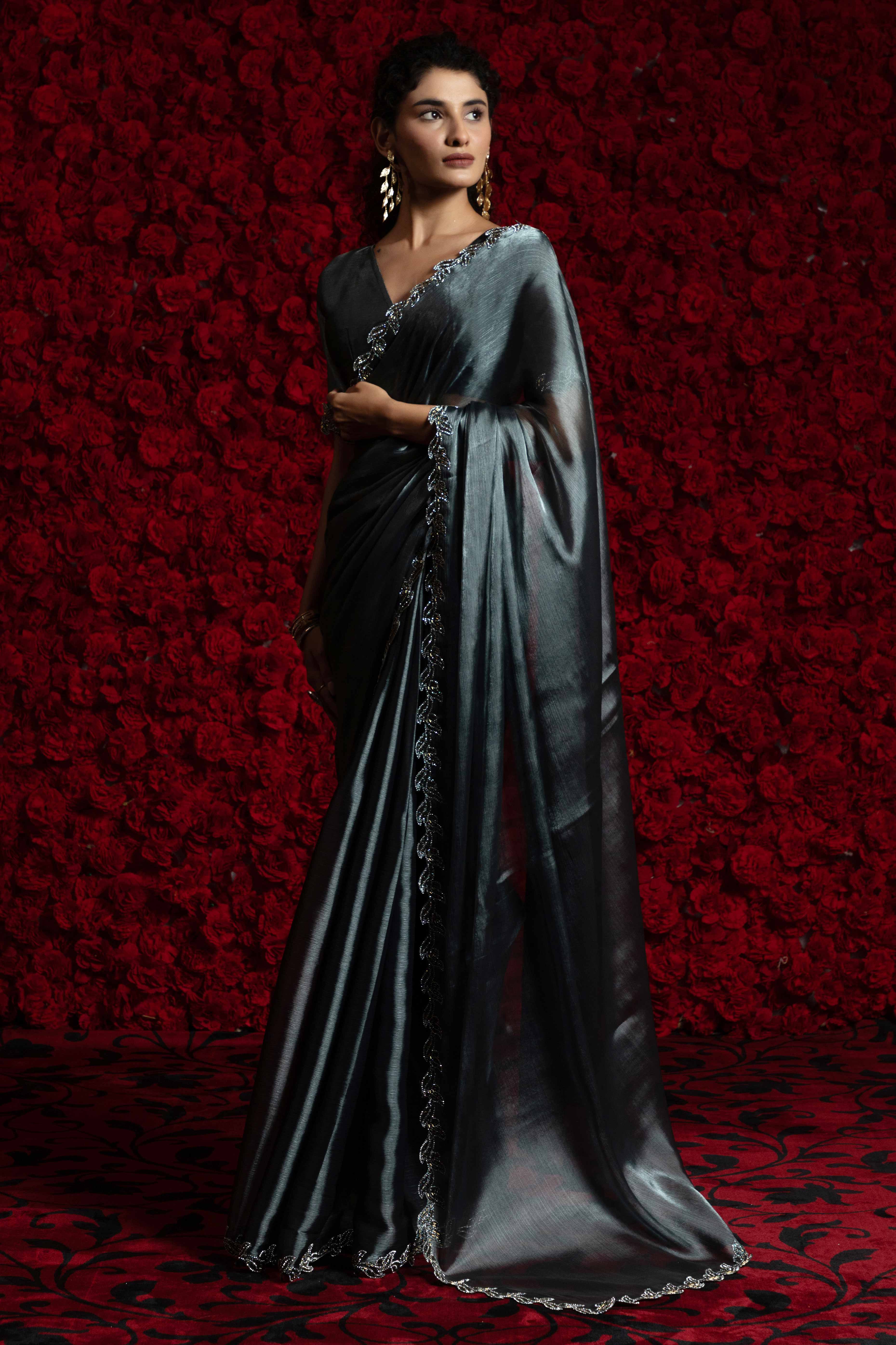 Charcoal Grey Party Wear Saree Stone Embellished Tissue Chiffon Fabric