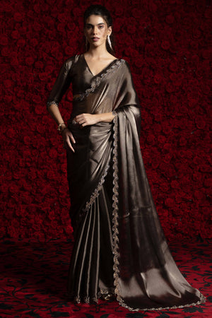 Bronze Brown Party Wear Saree Stone Embellished Tissue Chiffon Fabric