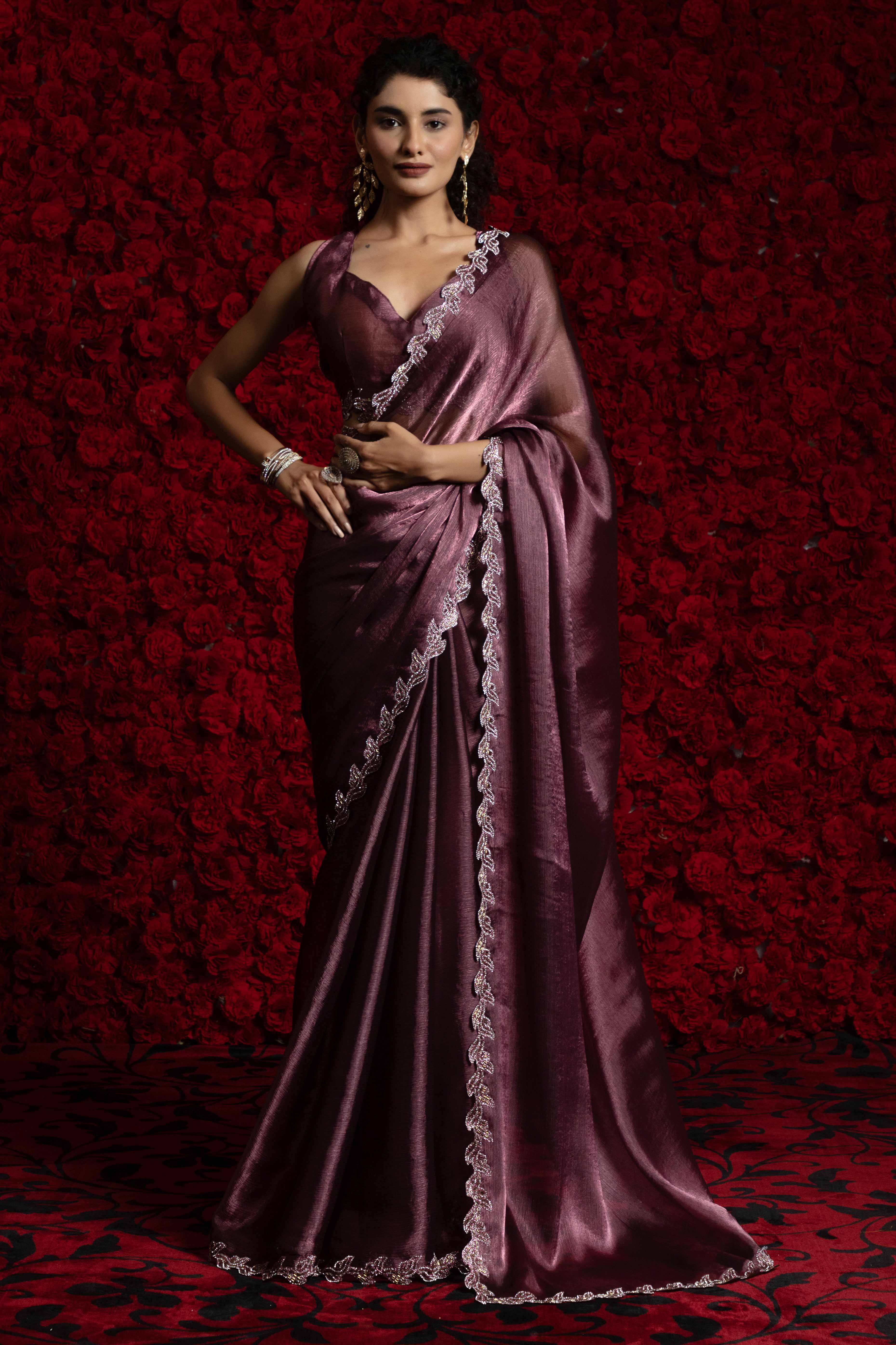 Wine Party Wear Saree Stone Embellished Tissue Chiffon Fabric