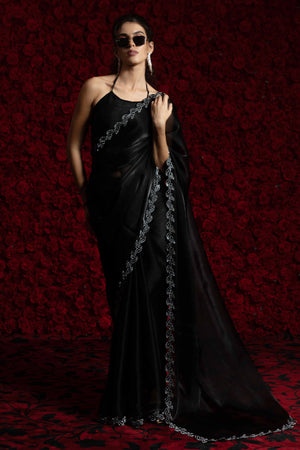 Black Party Wear Saree Stone Embellished Tissue Chiffon Fabric