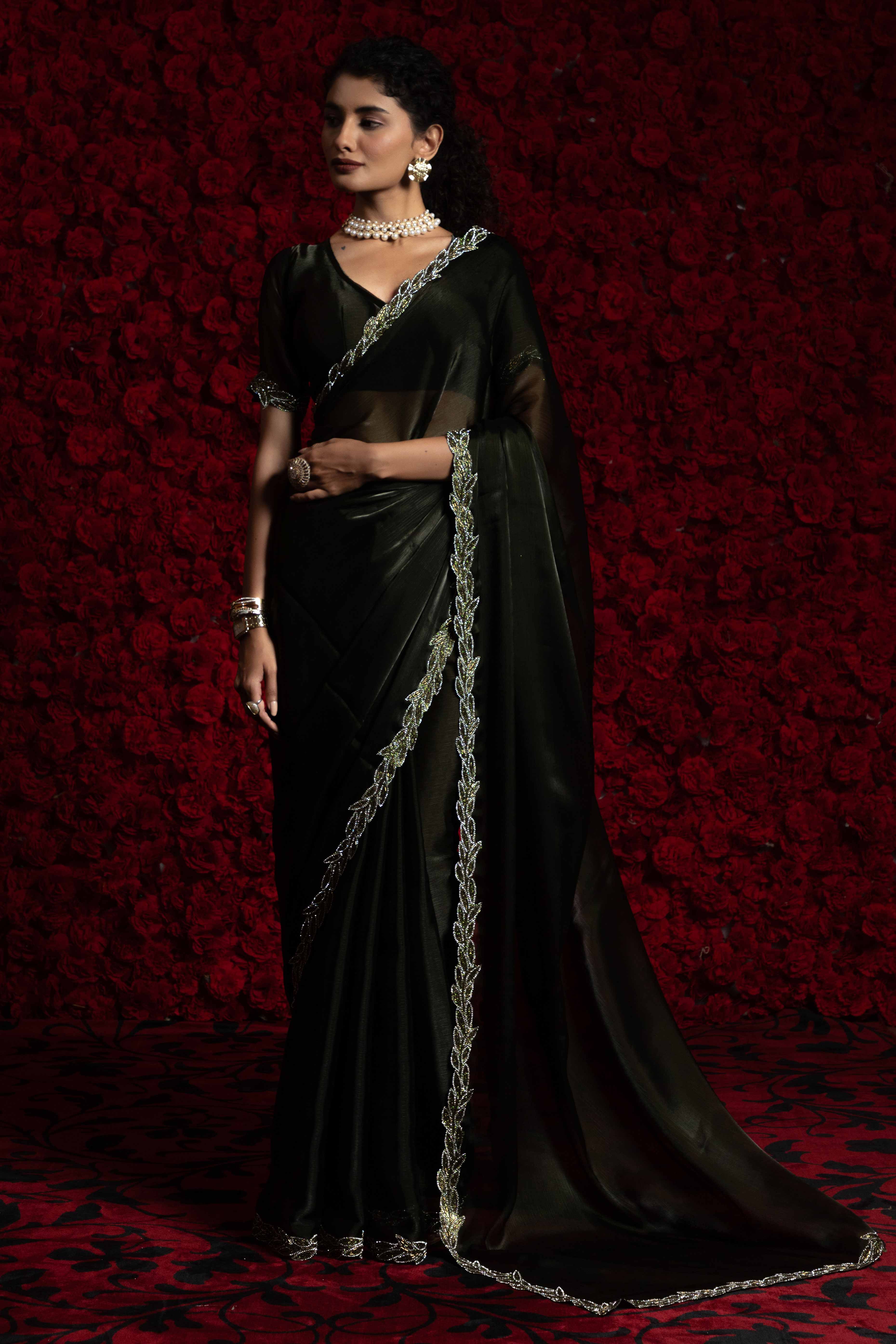 Deep Dark Olive Solid Tissue Chiffon Saree Accented With Elegant Zarkan Work Border