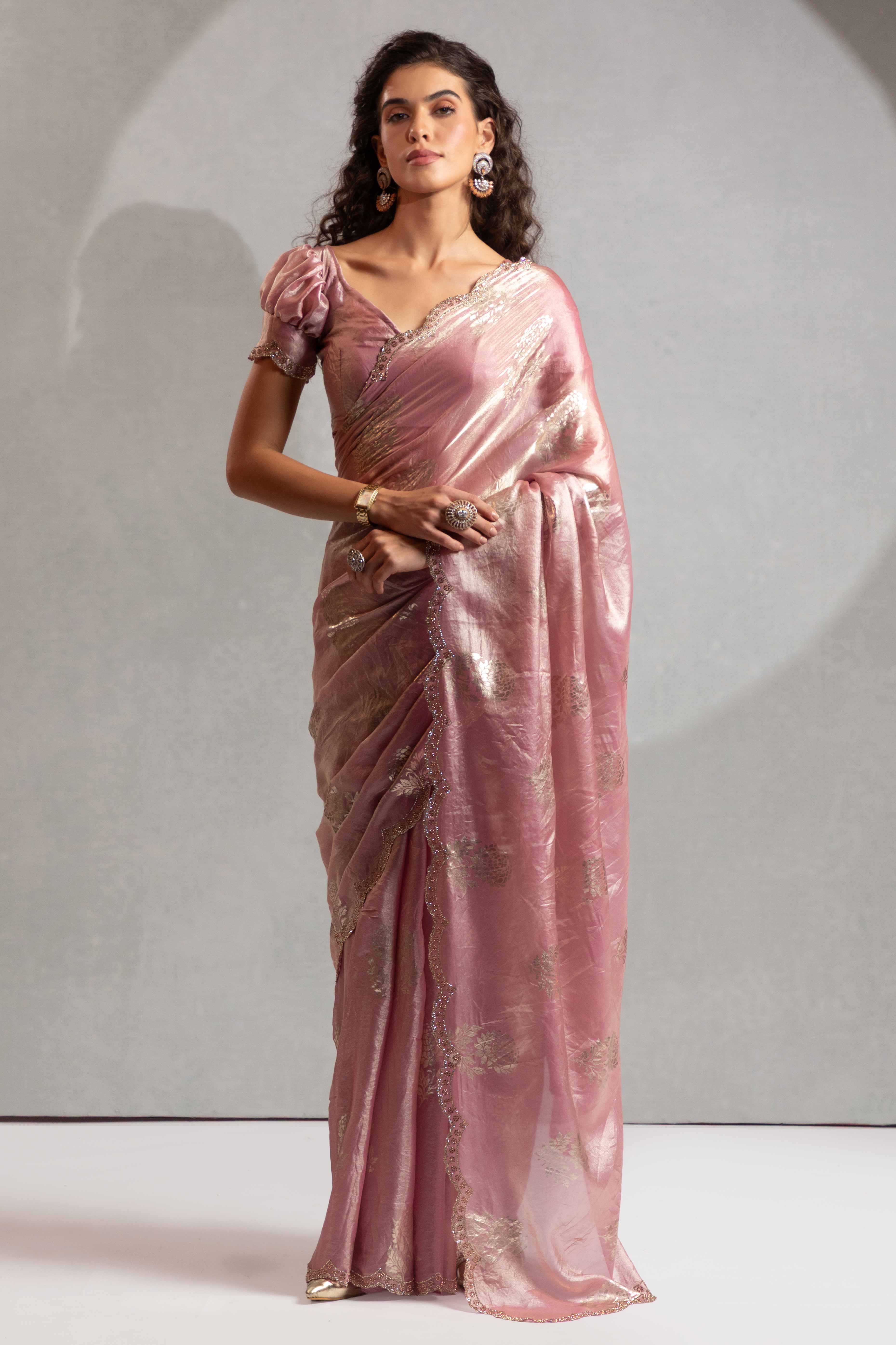 Pink Satin Silk Saree Showcasing Elegant Floral Foil Prints & Dazzling Zarkan Work