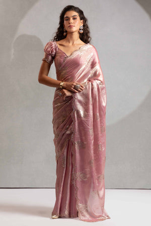 Pink Satin Silk Saree Showcasing Elegant Floral Foil Prints & Dazzling Zarkan Work