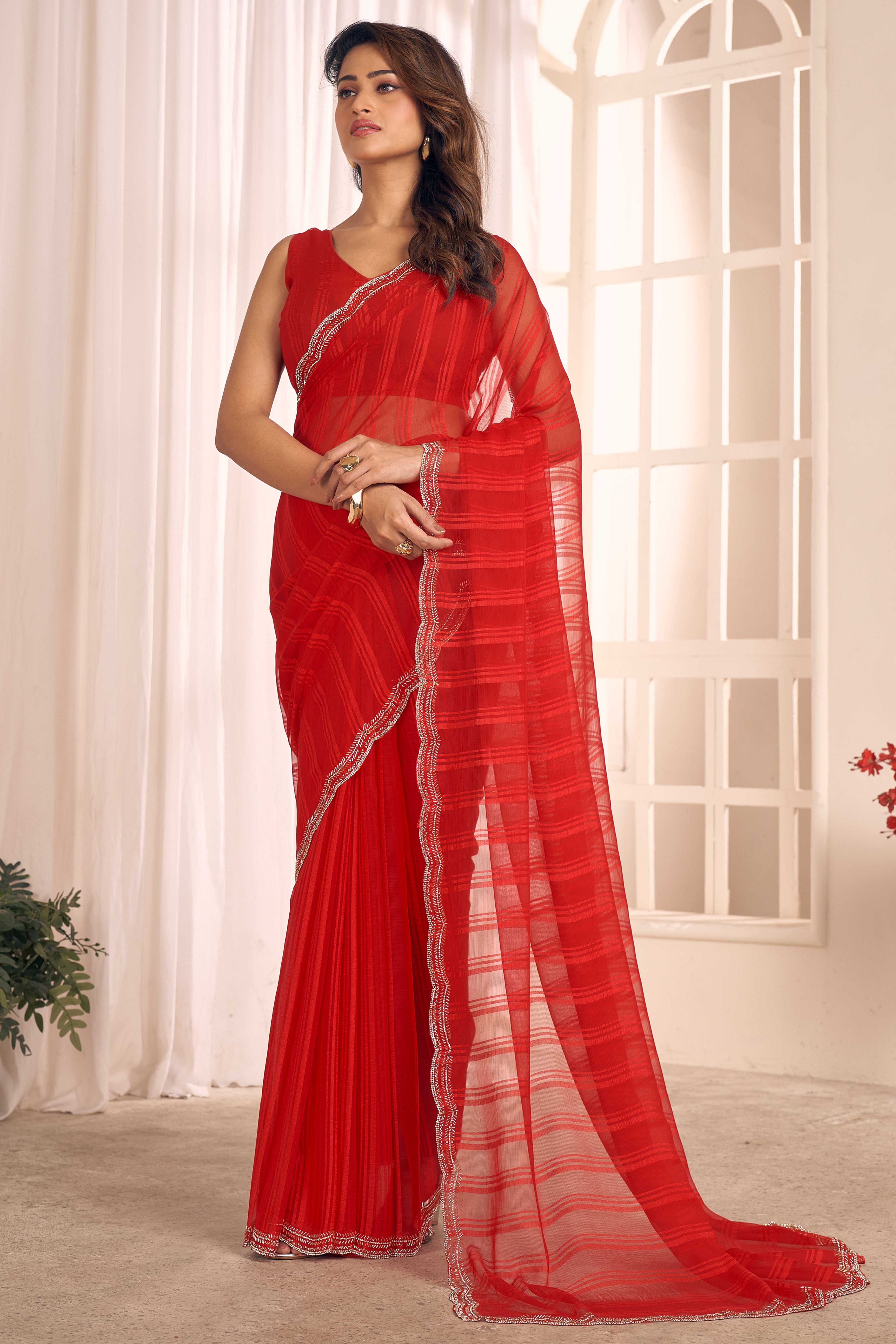 Red Georgette Saree Featuring Contemporary Stripes With A Sparkling Diamond & Beads Work Border