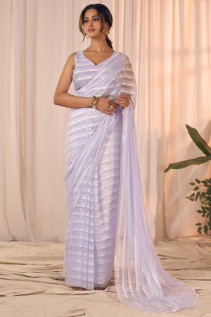 Light Purple Striped Georgette Saree With Sparkling Zarkan Work & An Elegant Cutwork Border