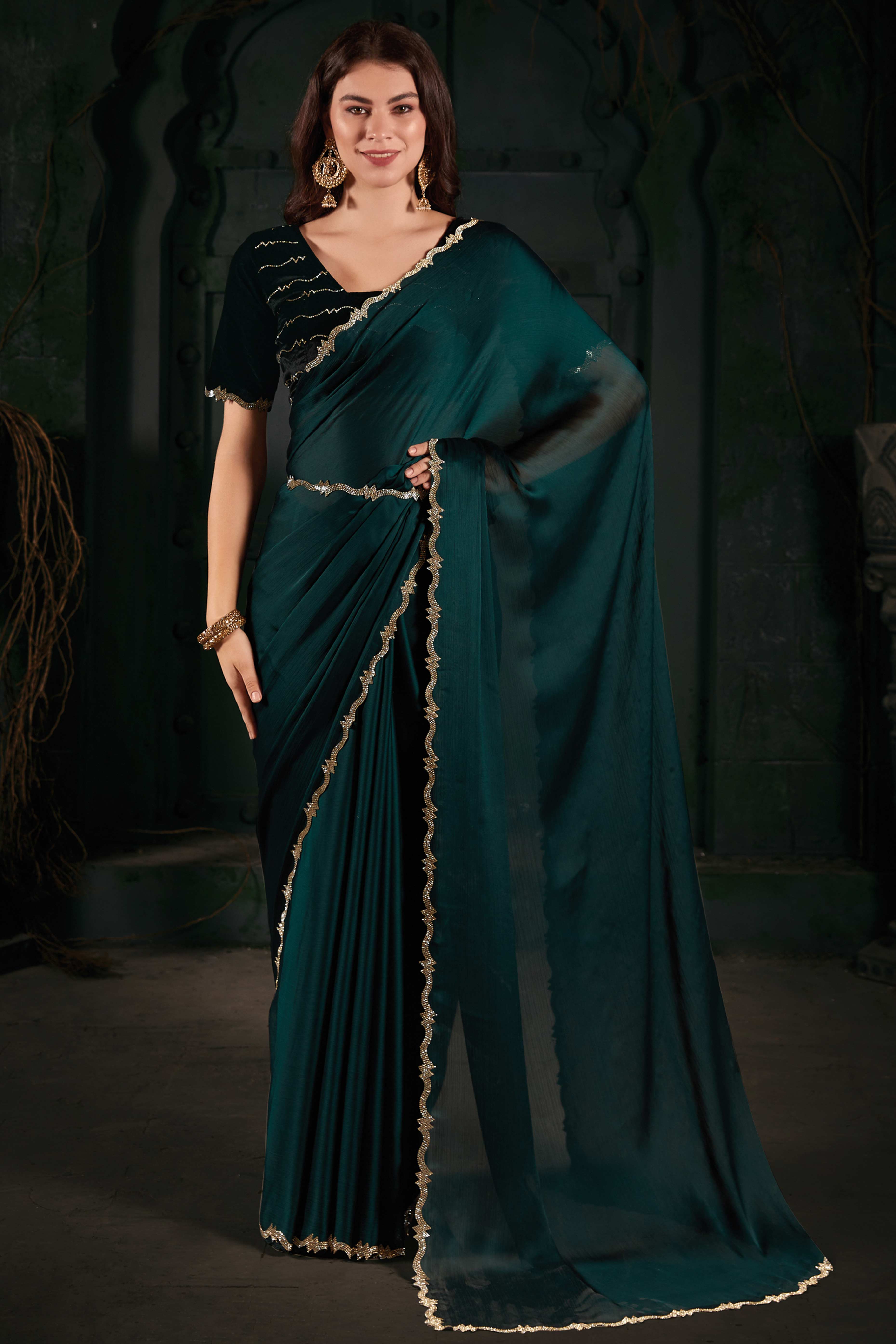 Dark Teal Solid With Zarkan Cutwork Border Chiffon Saree With Belt