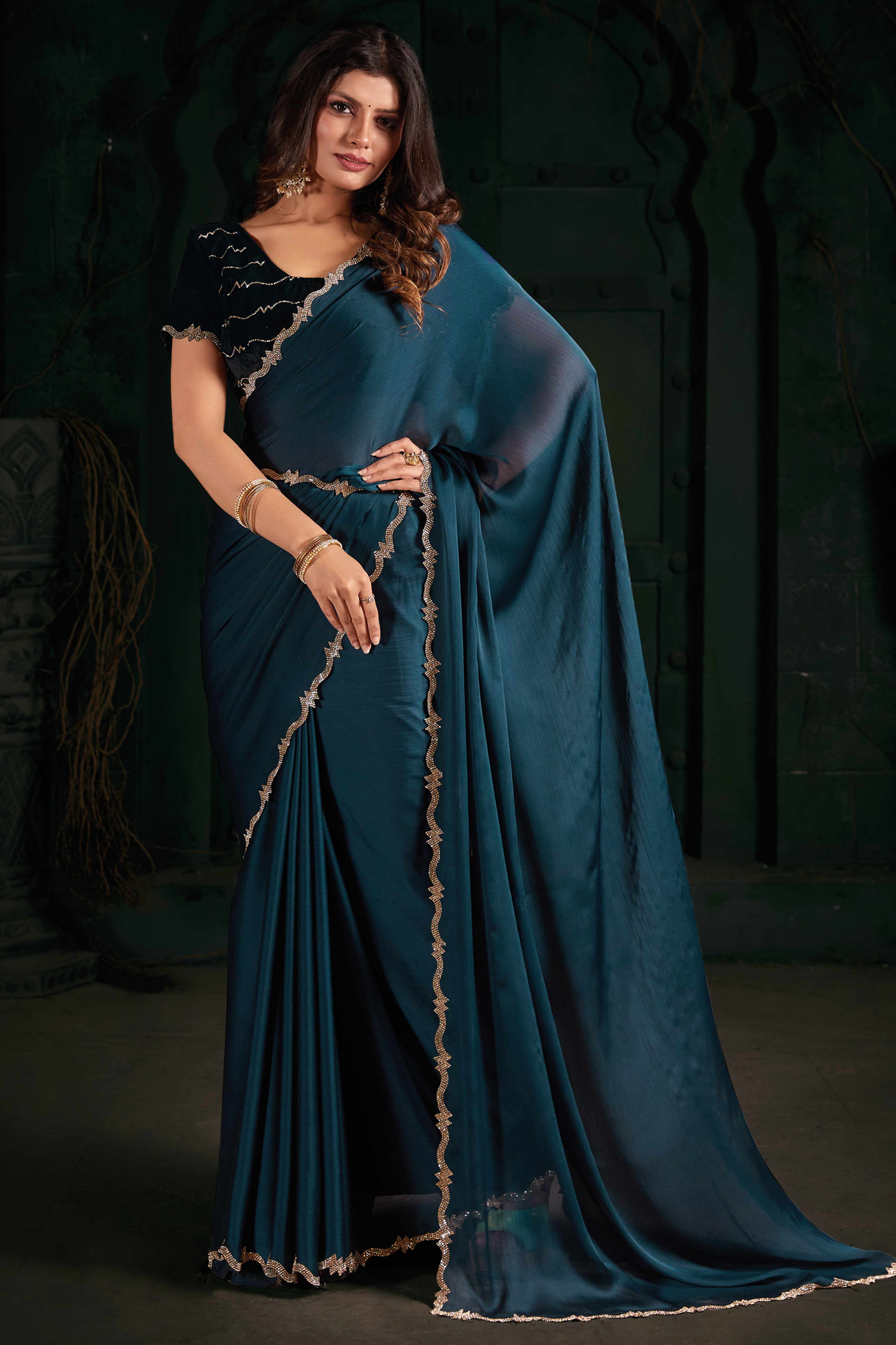 Morpich Blue Solid With Zarkan Cutwork Border Chiffon Saree With Belt
