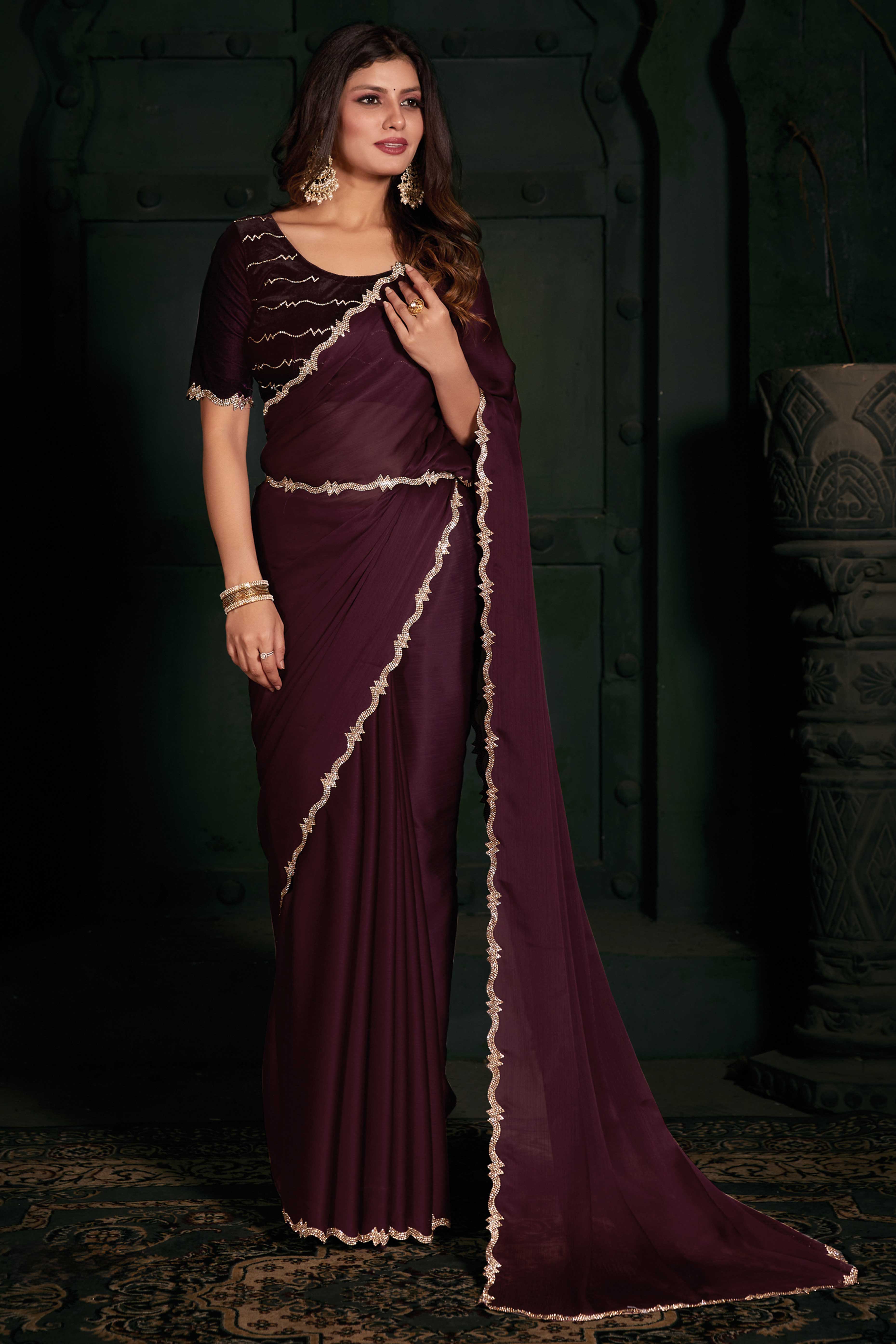 Wine Solid With Zarkan Cutwork Border Chiffon Saree With Belt