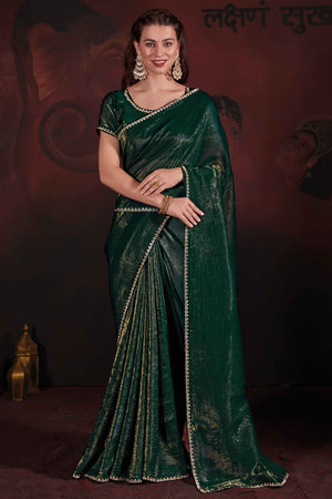 Bottle Green Solid With Zarkan Border Art Silk Saree With Belt