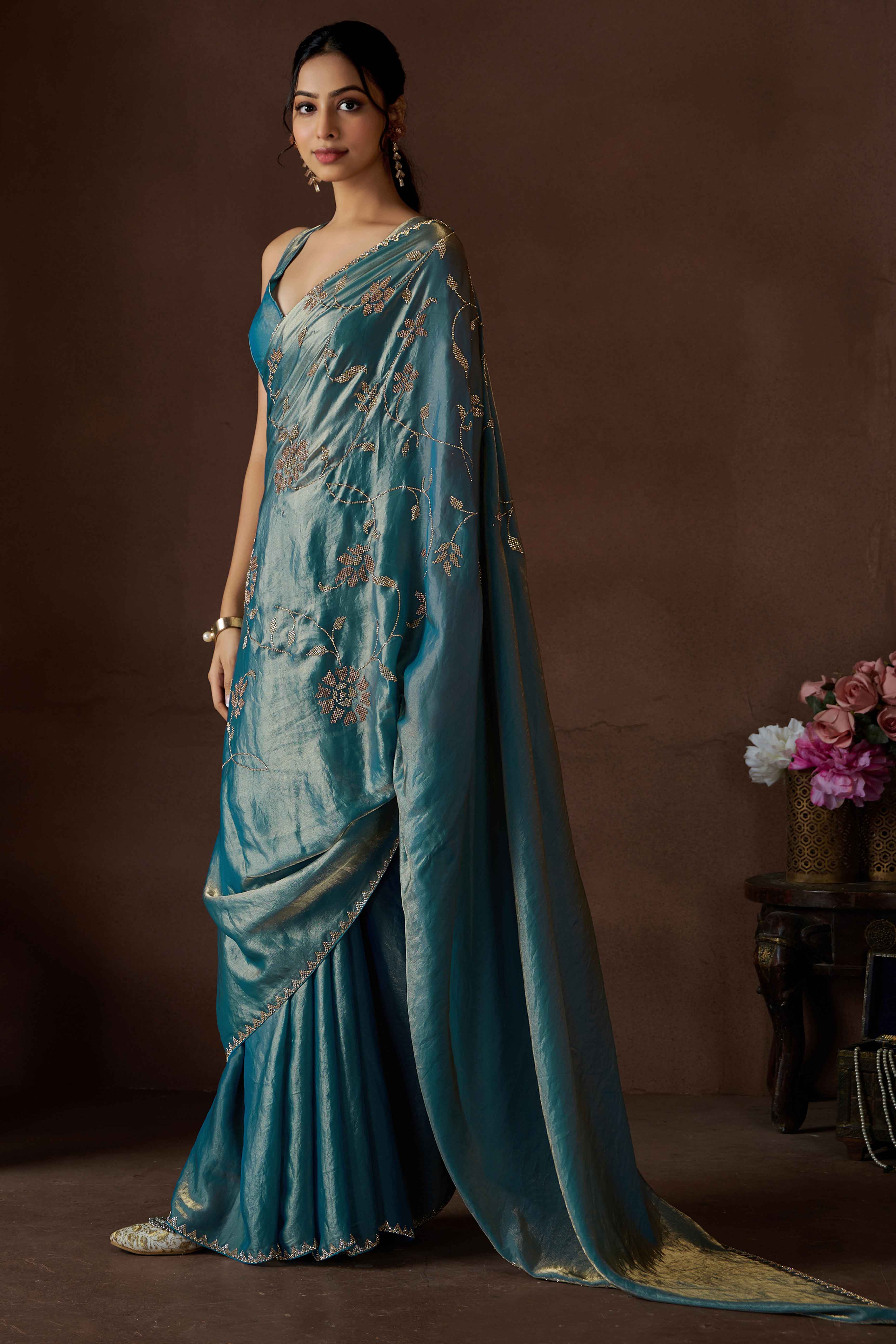Sky Blue Satin Saree with Exquisite Stone Embellishments