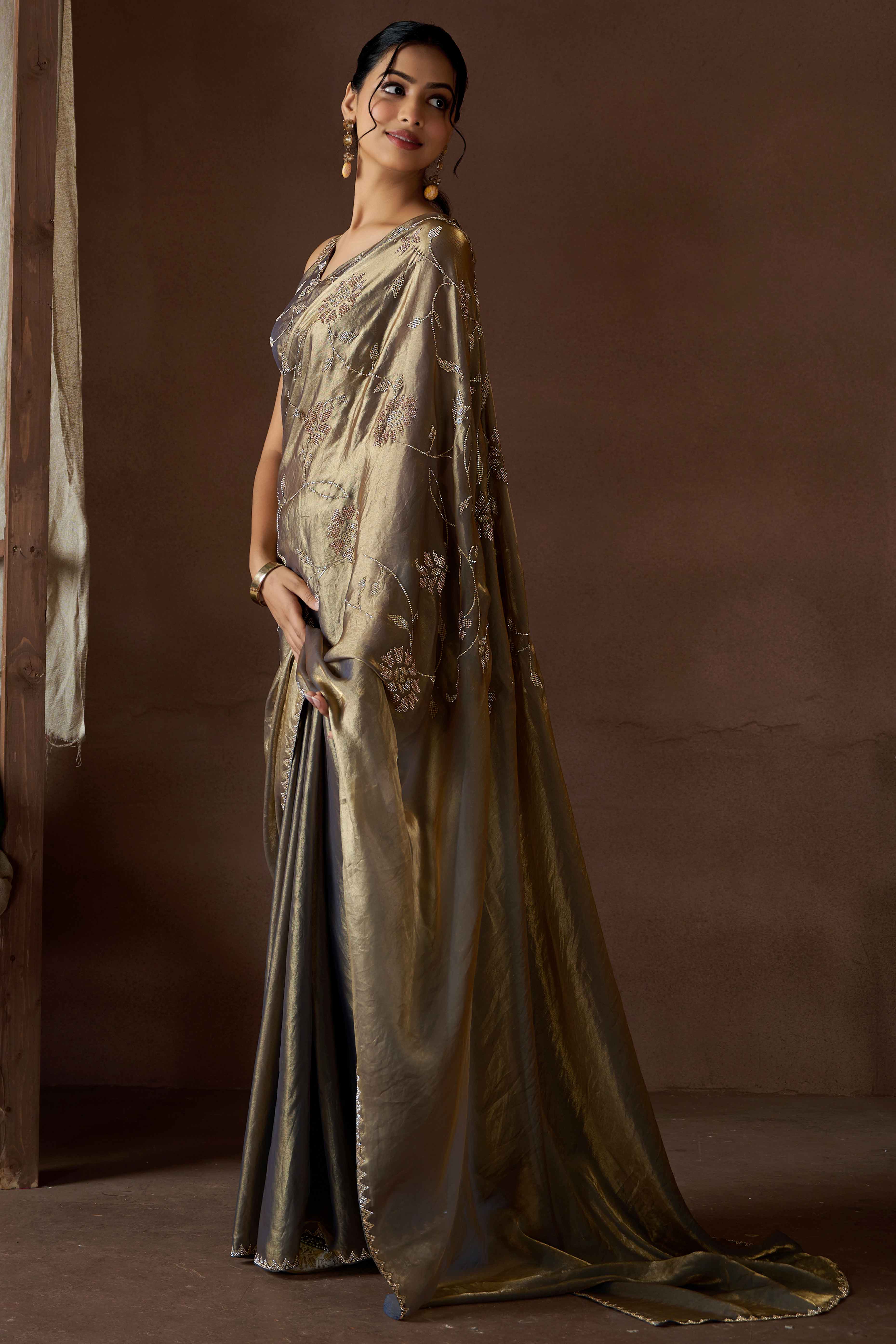 Grey Satin Saree with Exquisite Stone Embellishments