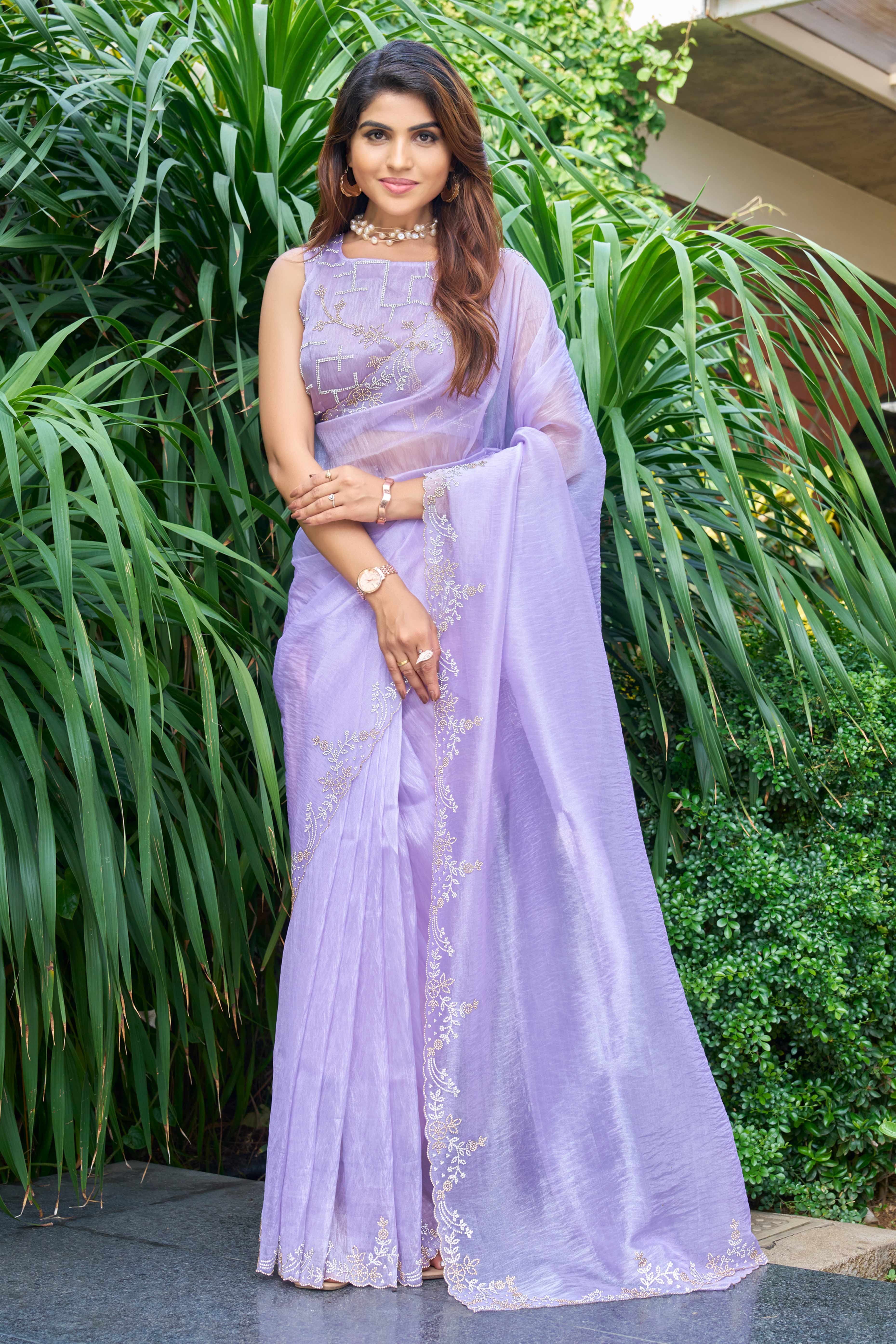 Lavender Ethereal Organza Saree Adorned with Crystal Embellishments