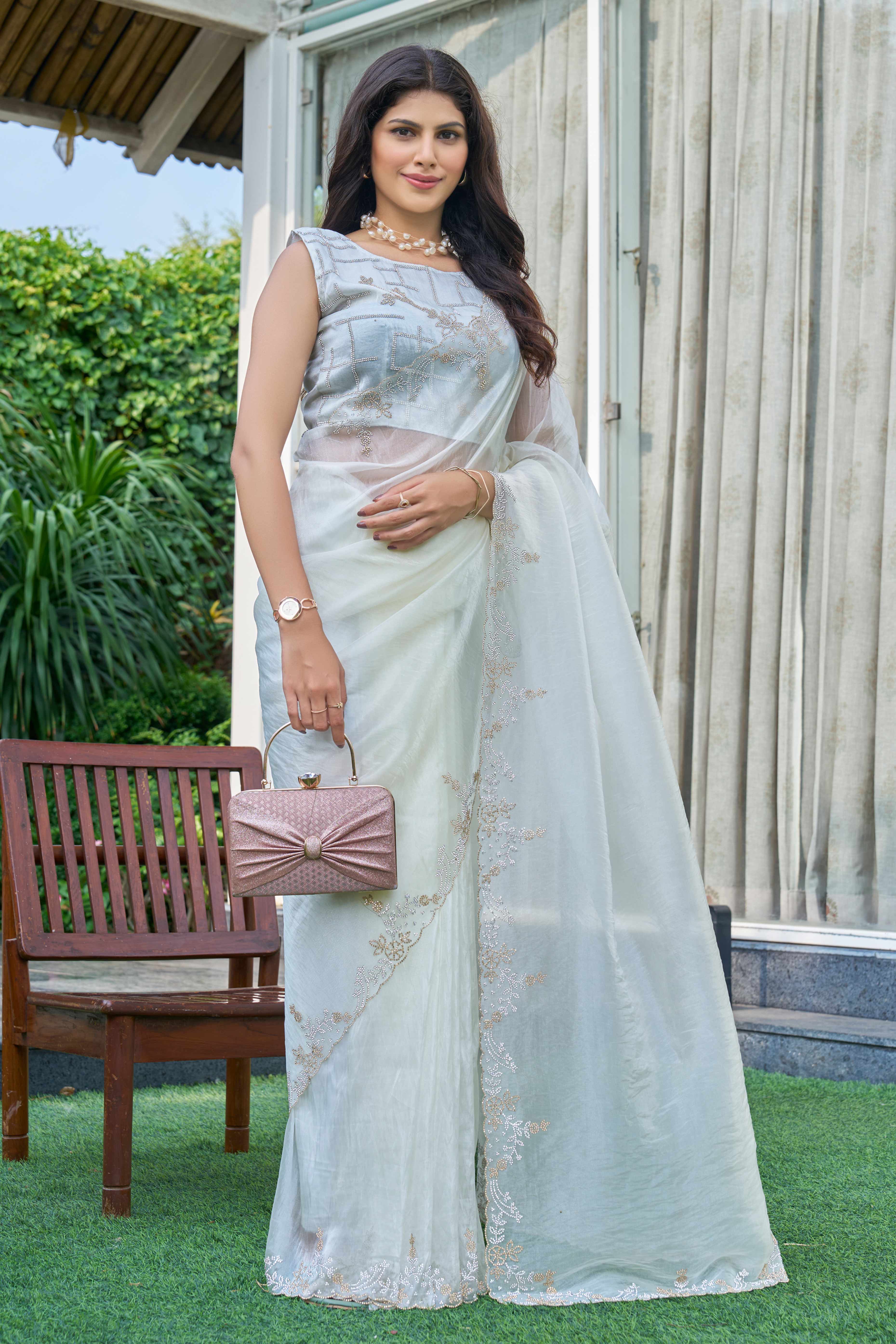 Off White Ethereal Organza Saree Adorned with Crystal Embellishments
