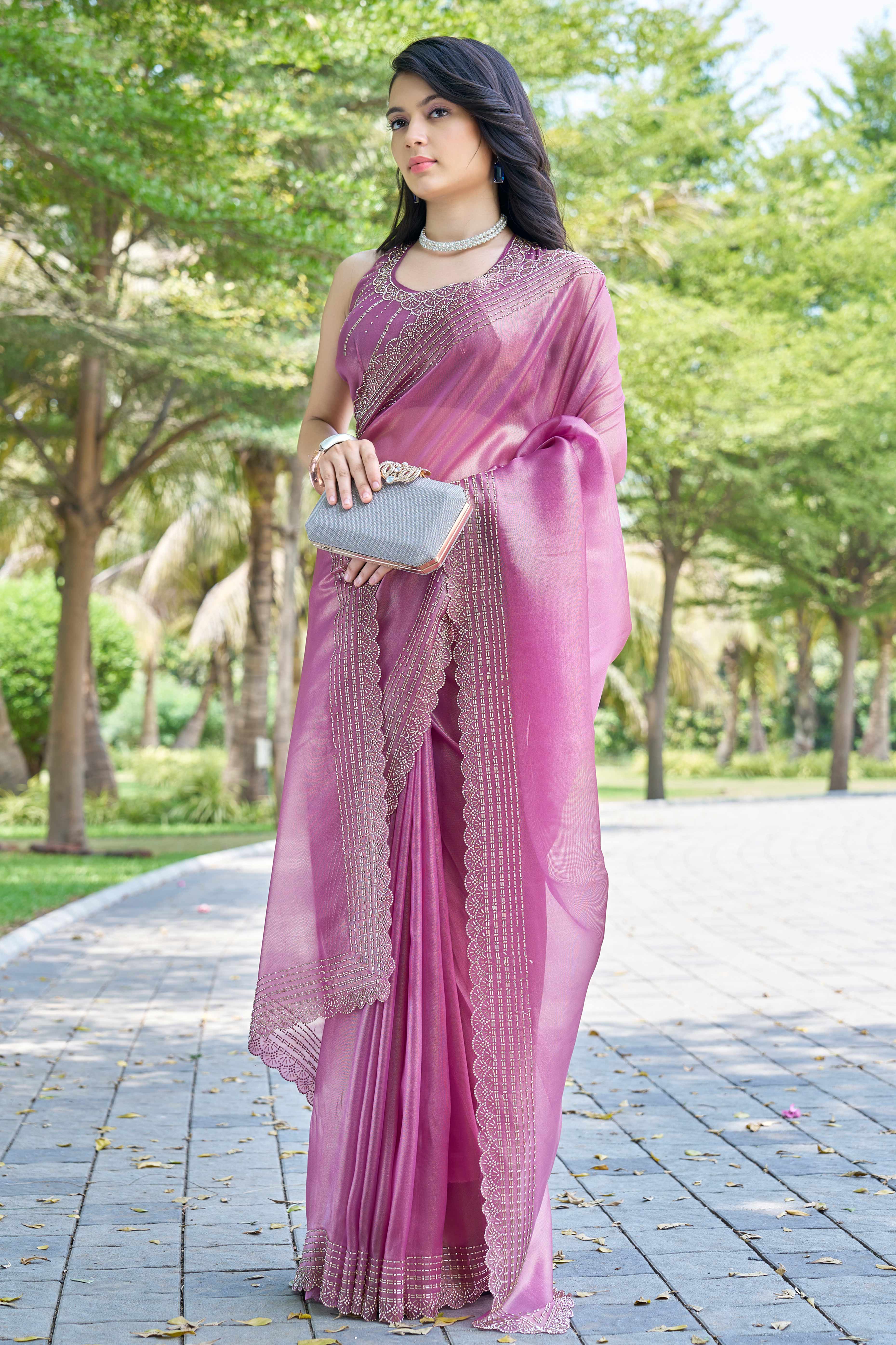 Pink Soft Organza Saree with Stone Embellishments Work