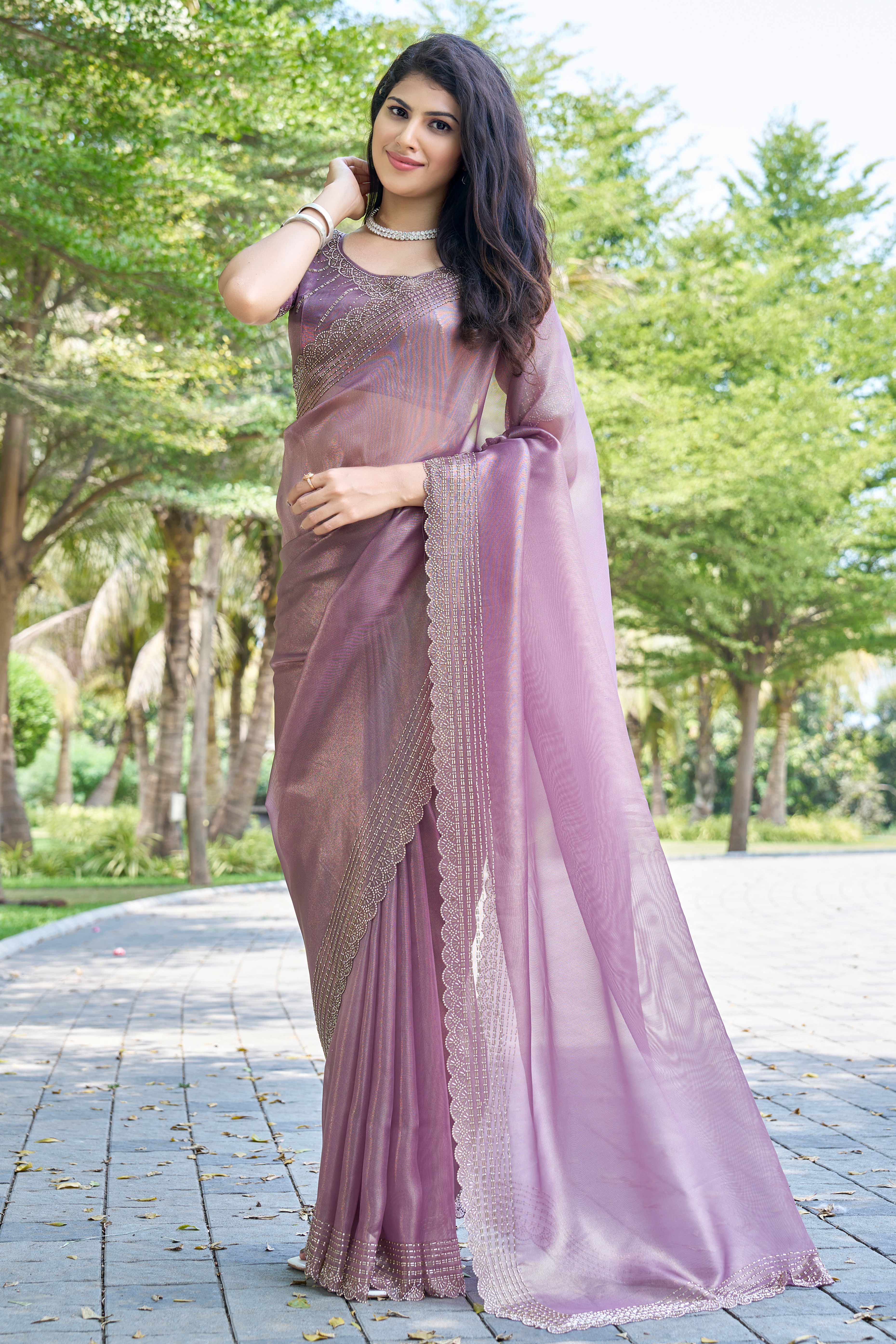 Pastel Purple Soft Organza Saree with Stone Embellishments Work