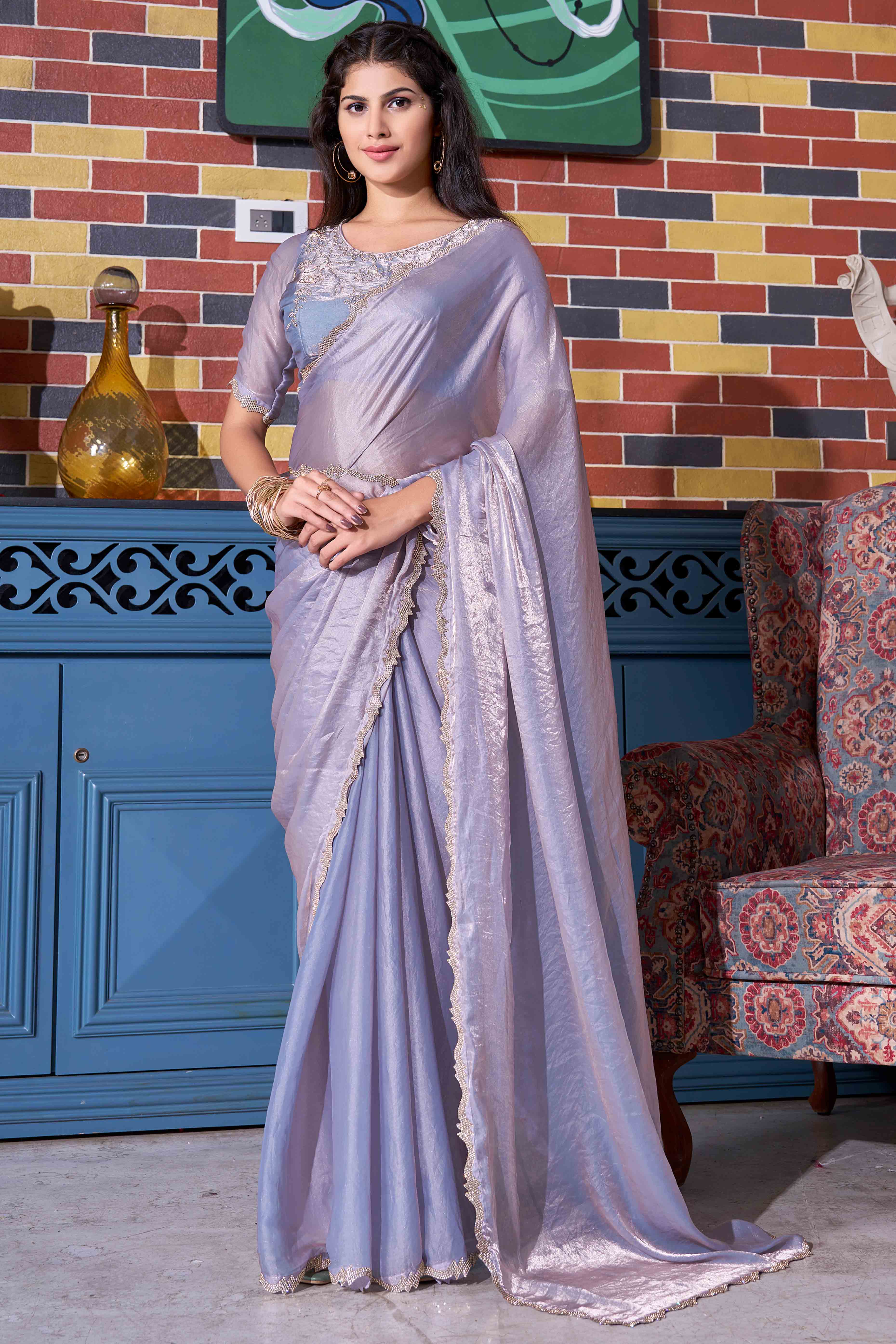Bluish Grey Satin Saree with Exquisite Stone Embellishments