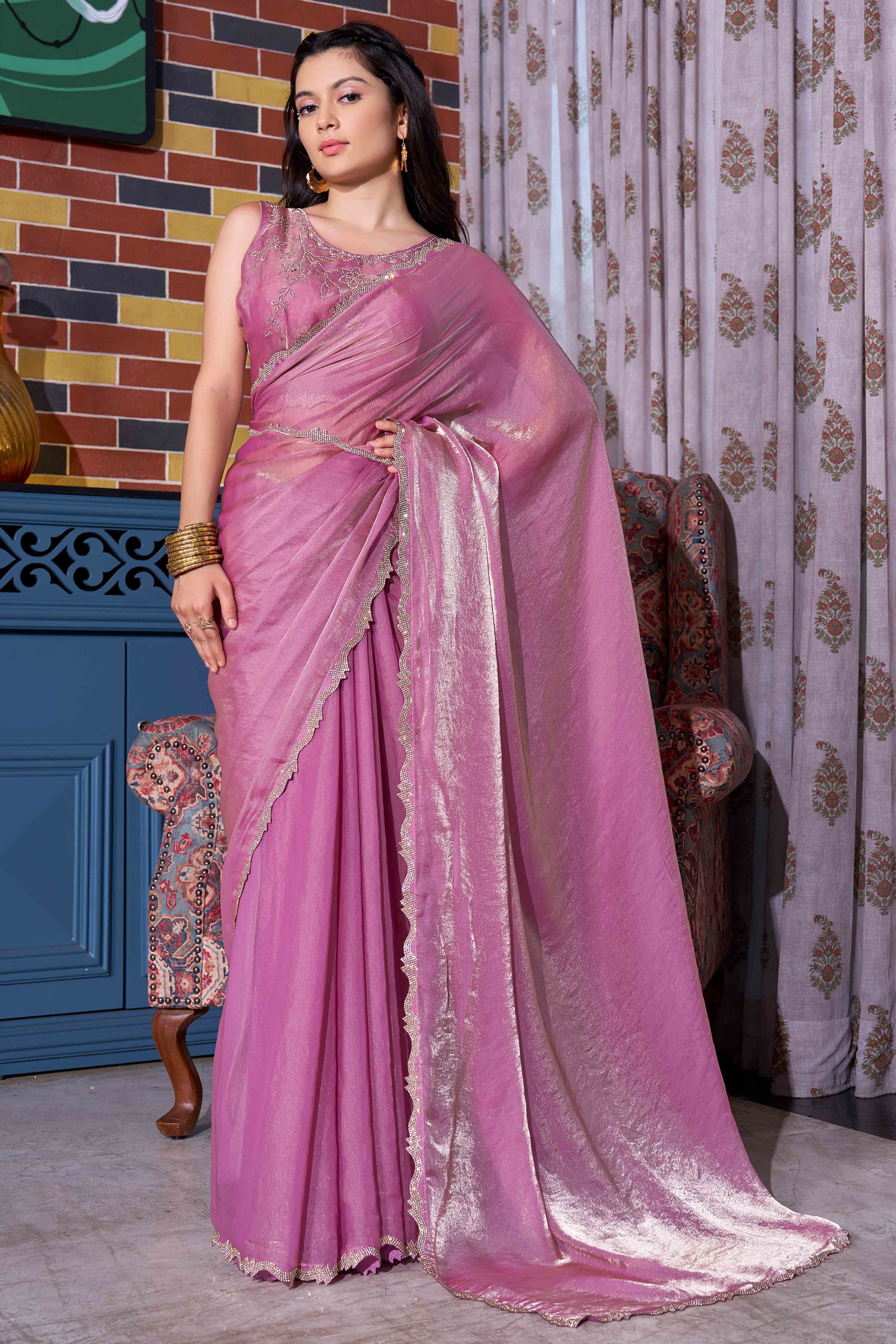 Purple Satin Saree with Exquisite Stone Embellishments