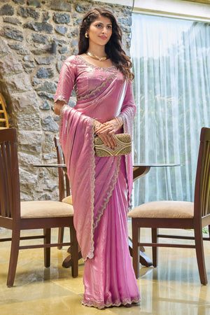 Regal Orchid Purple Chiffon Solid Saree With Graceful Zarkan Detailing