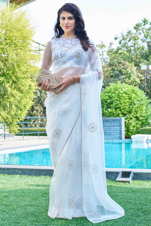 Light Blue Stone Work Embroidered Organza Saree