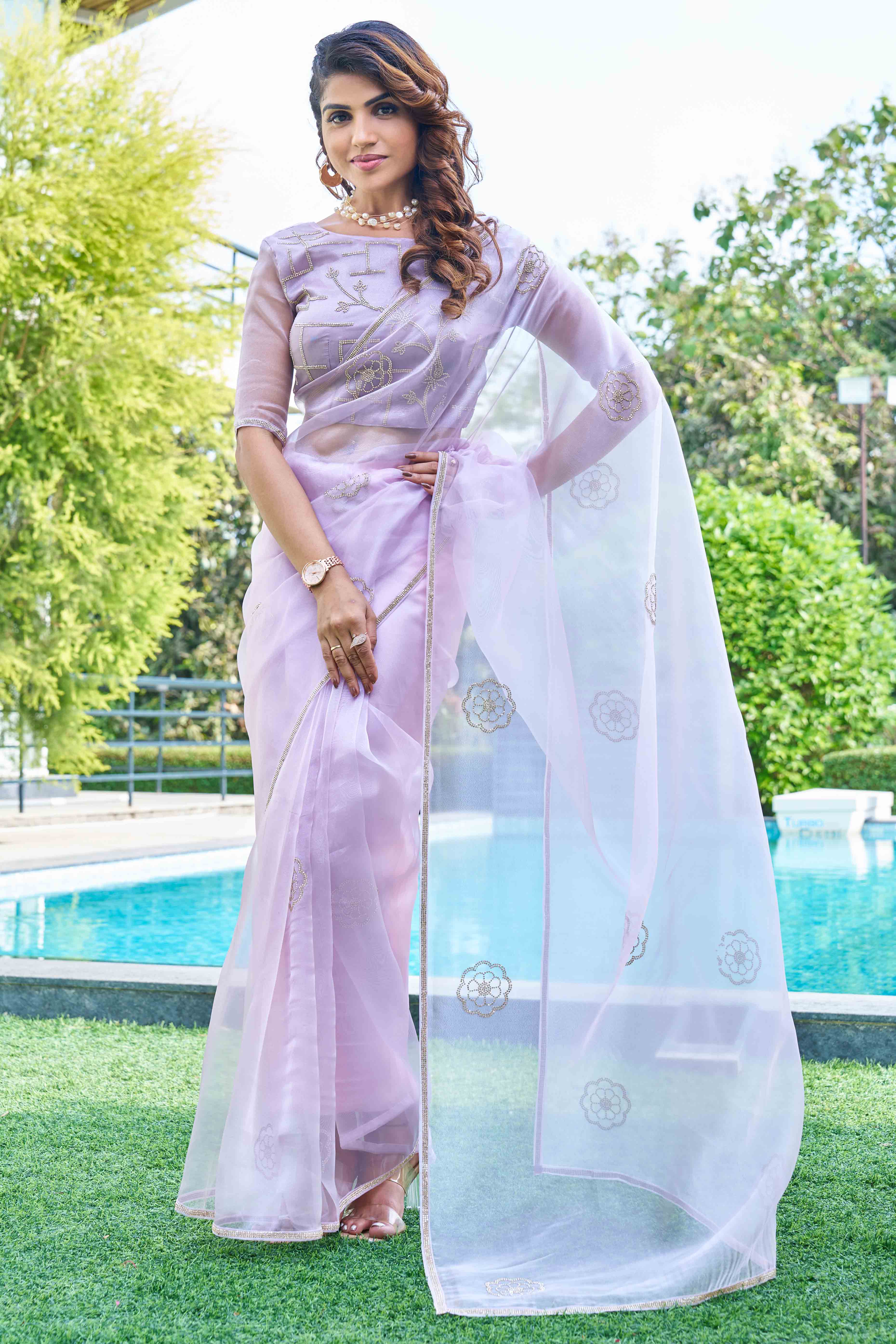 Purple Stone Work Embroidered Organza Saree