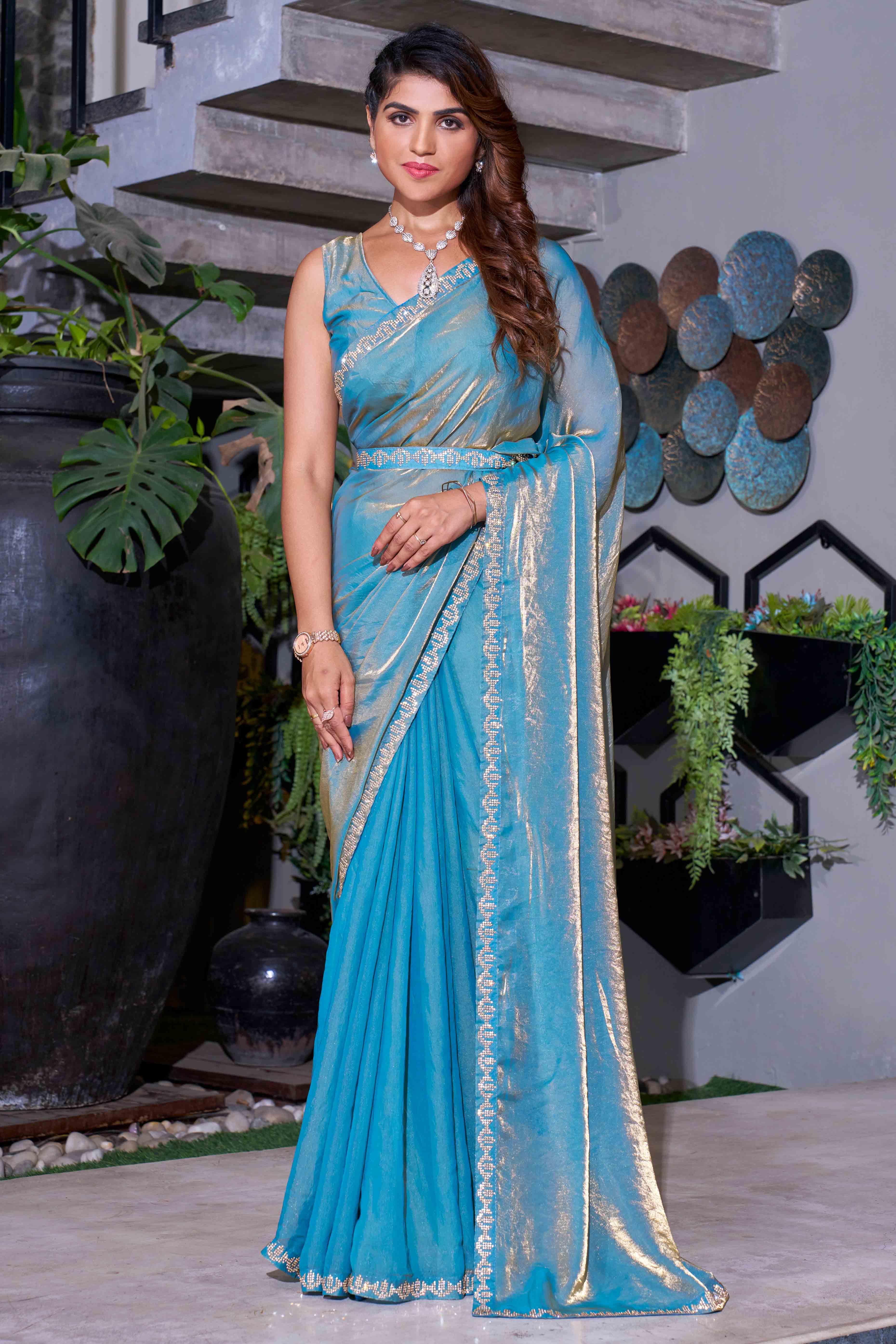Sky Blue Stone Work Embroidered Satin Silk Saree