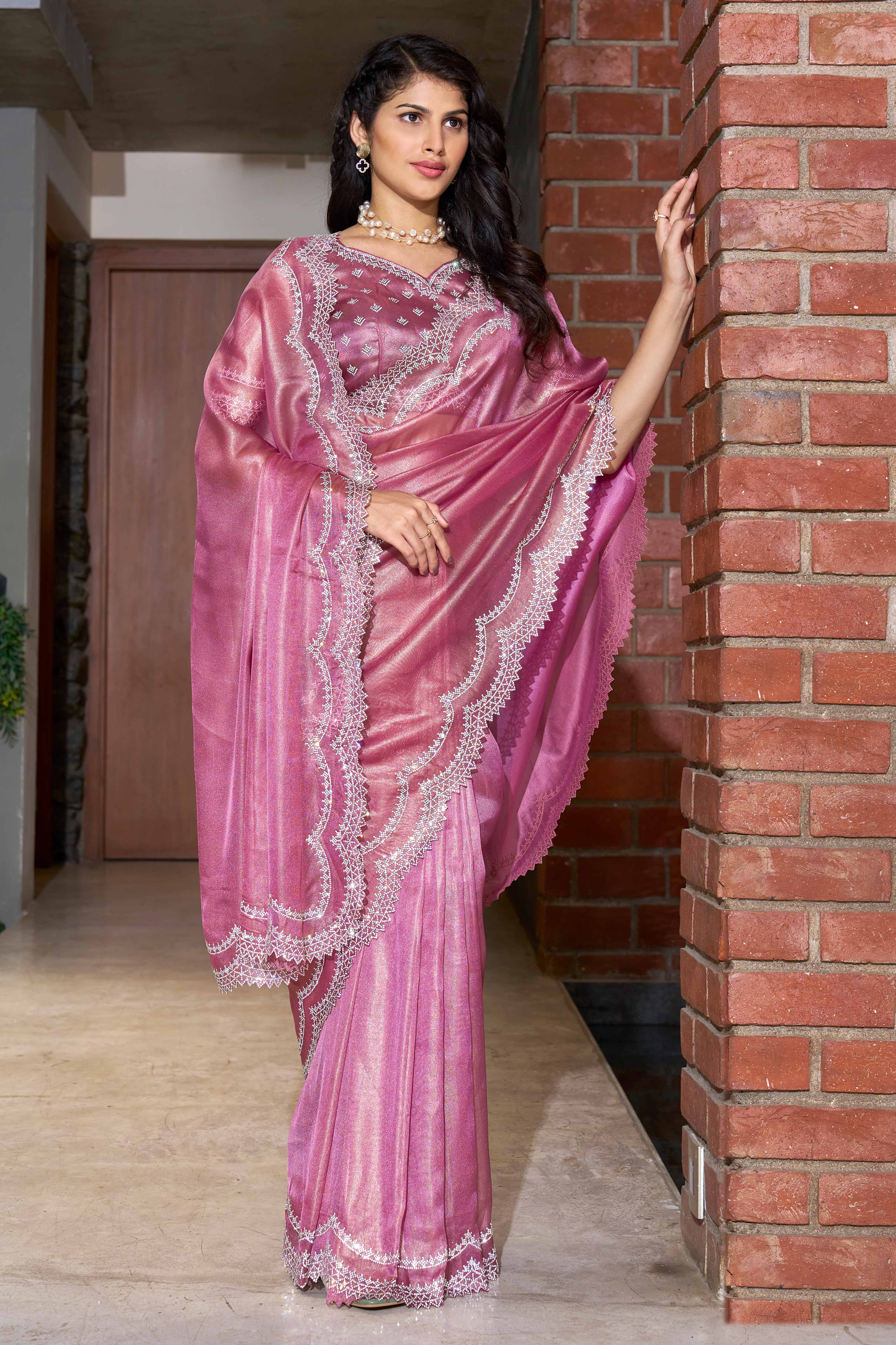 Stunning Pink Organza Solid Saree With a Touch of Zarkan Opulence