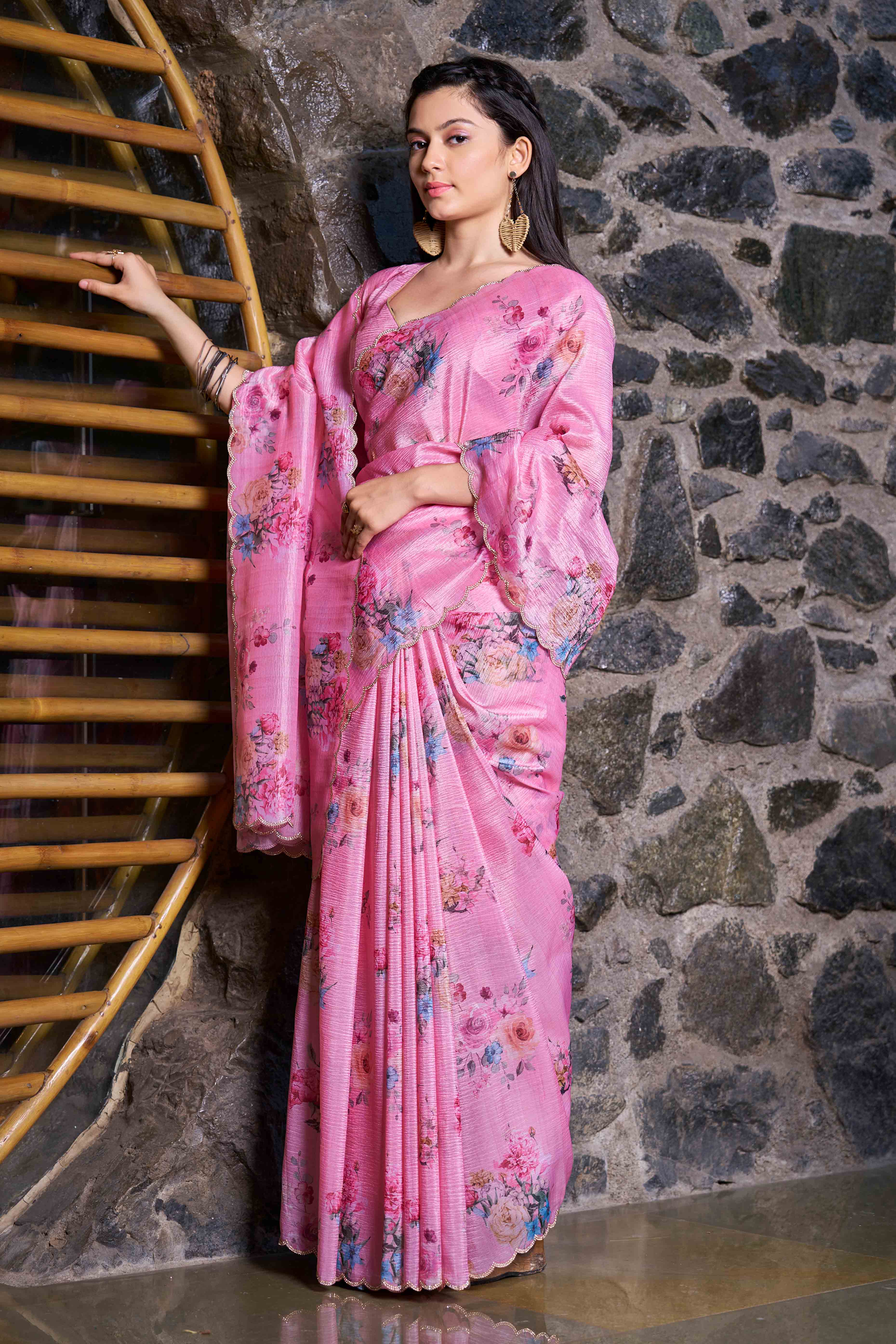 Pink Floral Printed Art Silk Saree
