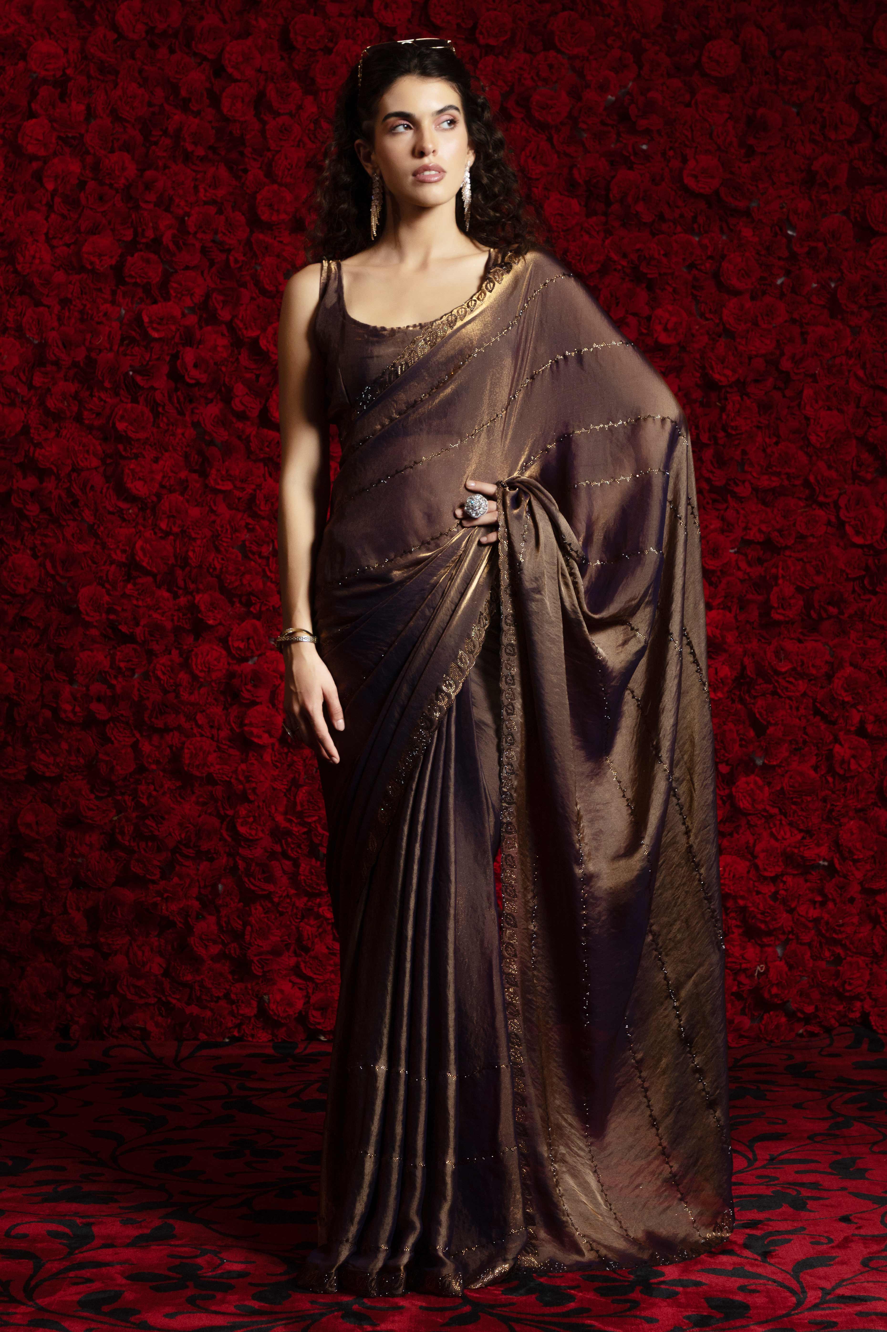 Coffee Brown Satin Silk Saree with Dazzling Stone Embellishments for Special Occasions