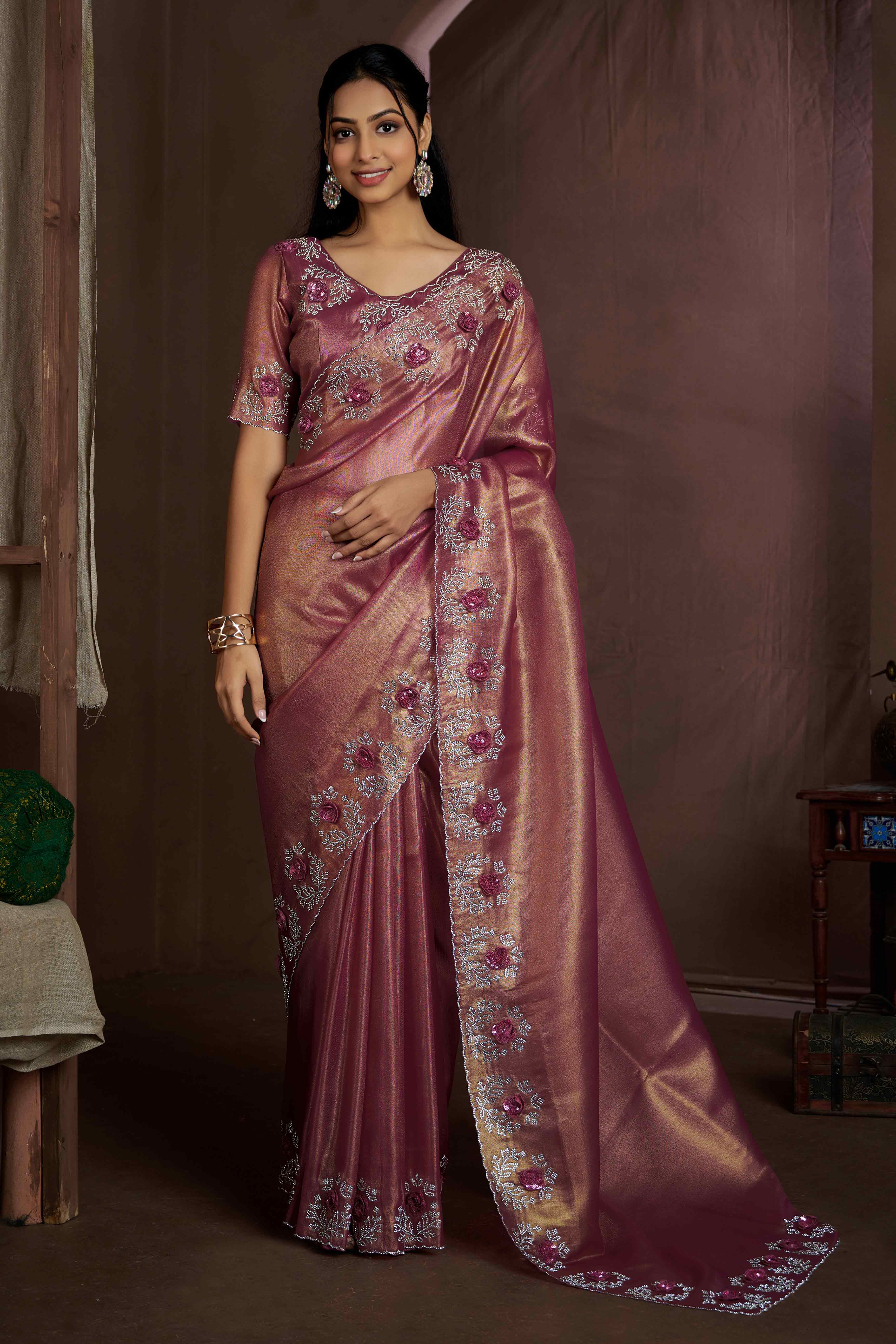 Onion Pink Floral Sequins With Zarkan Work Organza Saree