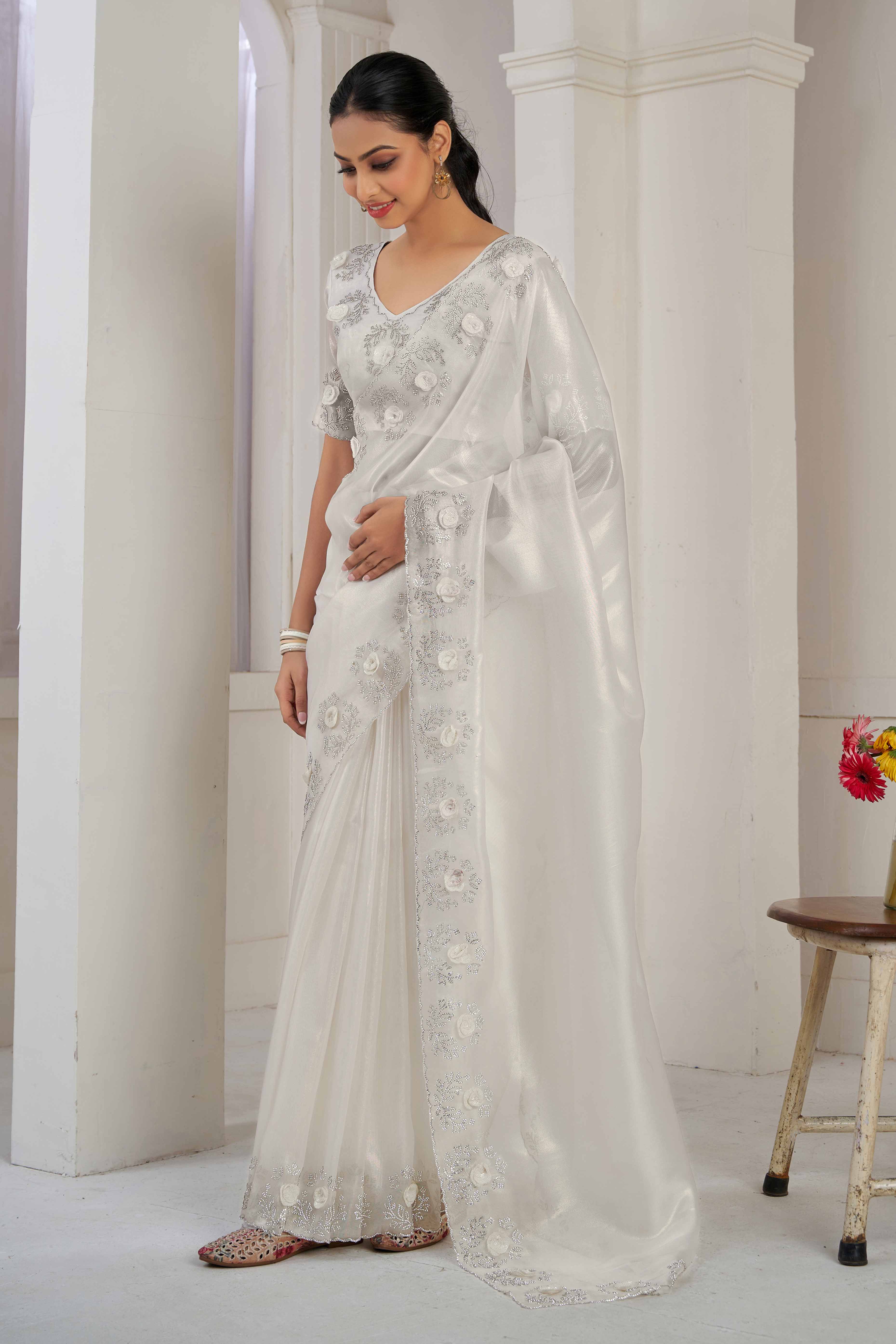 White Floral Sequins With Zarkan Work Organza Saree
