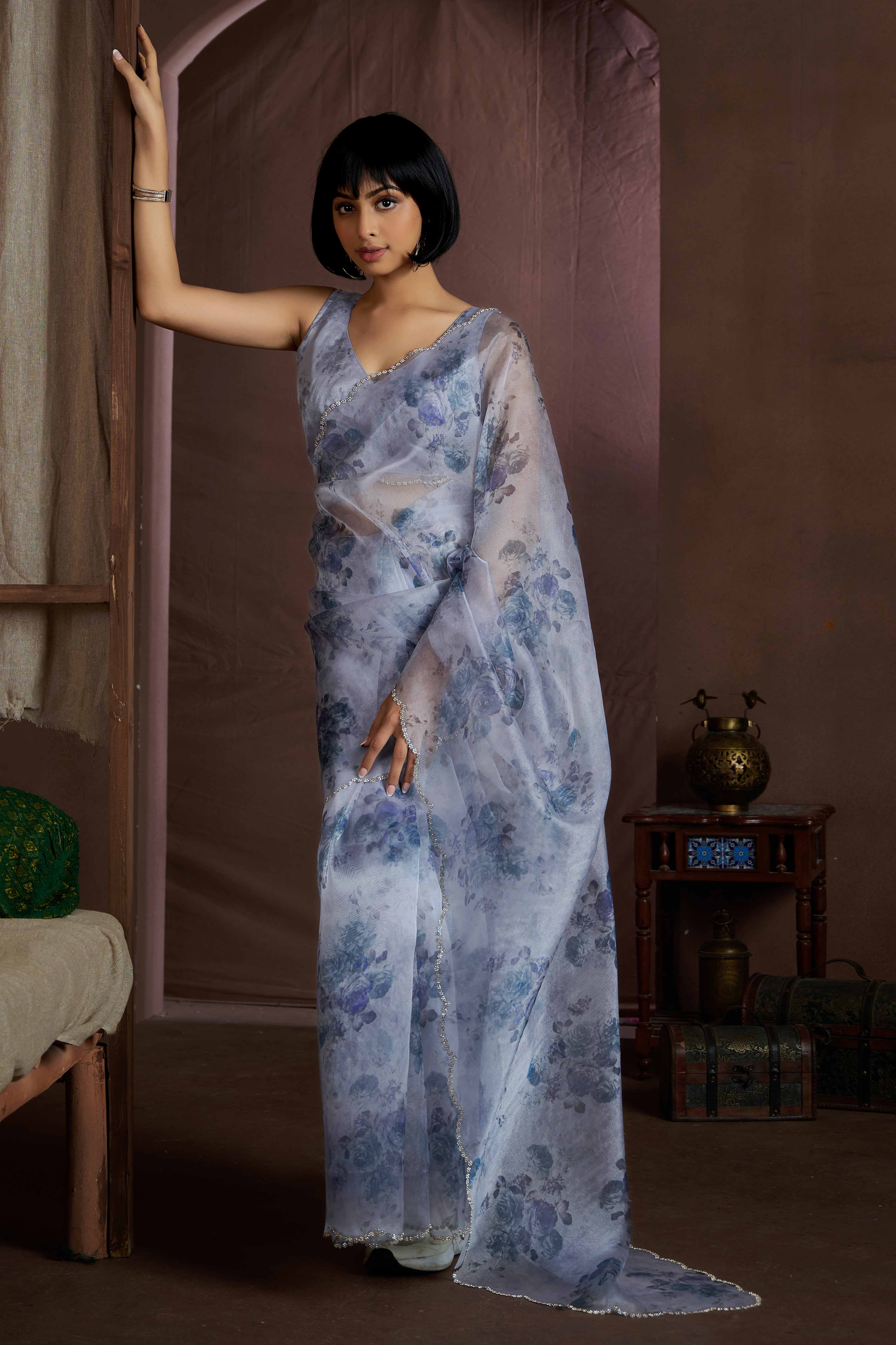 Blue Floral Printed Soft Organza Saree With Stone Work Border