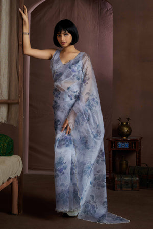 Blue Floral Printed Soft Organza Saree With Stone Work Border