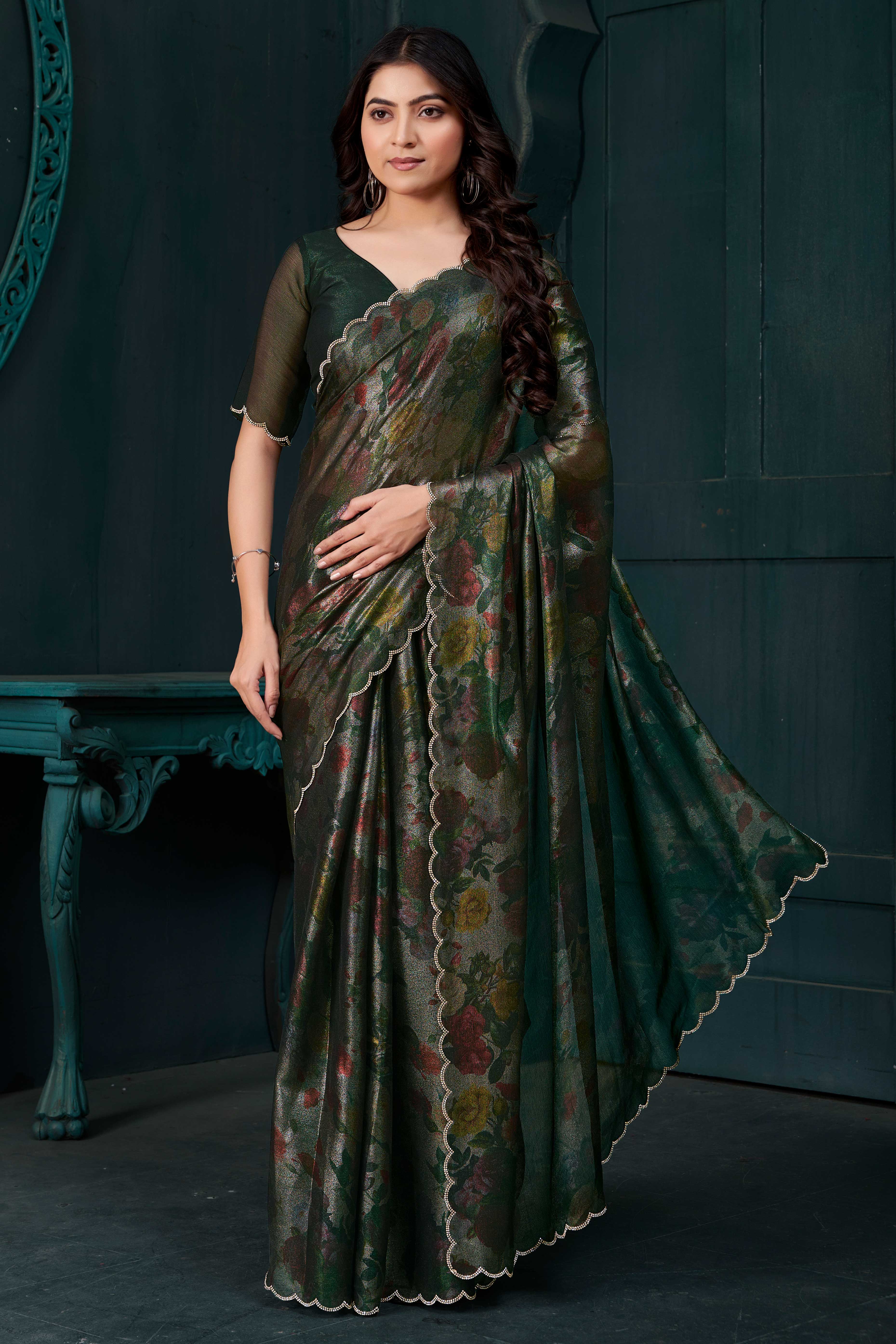 Bottle Green Partywear Saree in Smooth Chiffon Silk with Contemporary Floral Prints