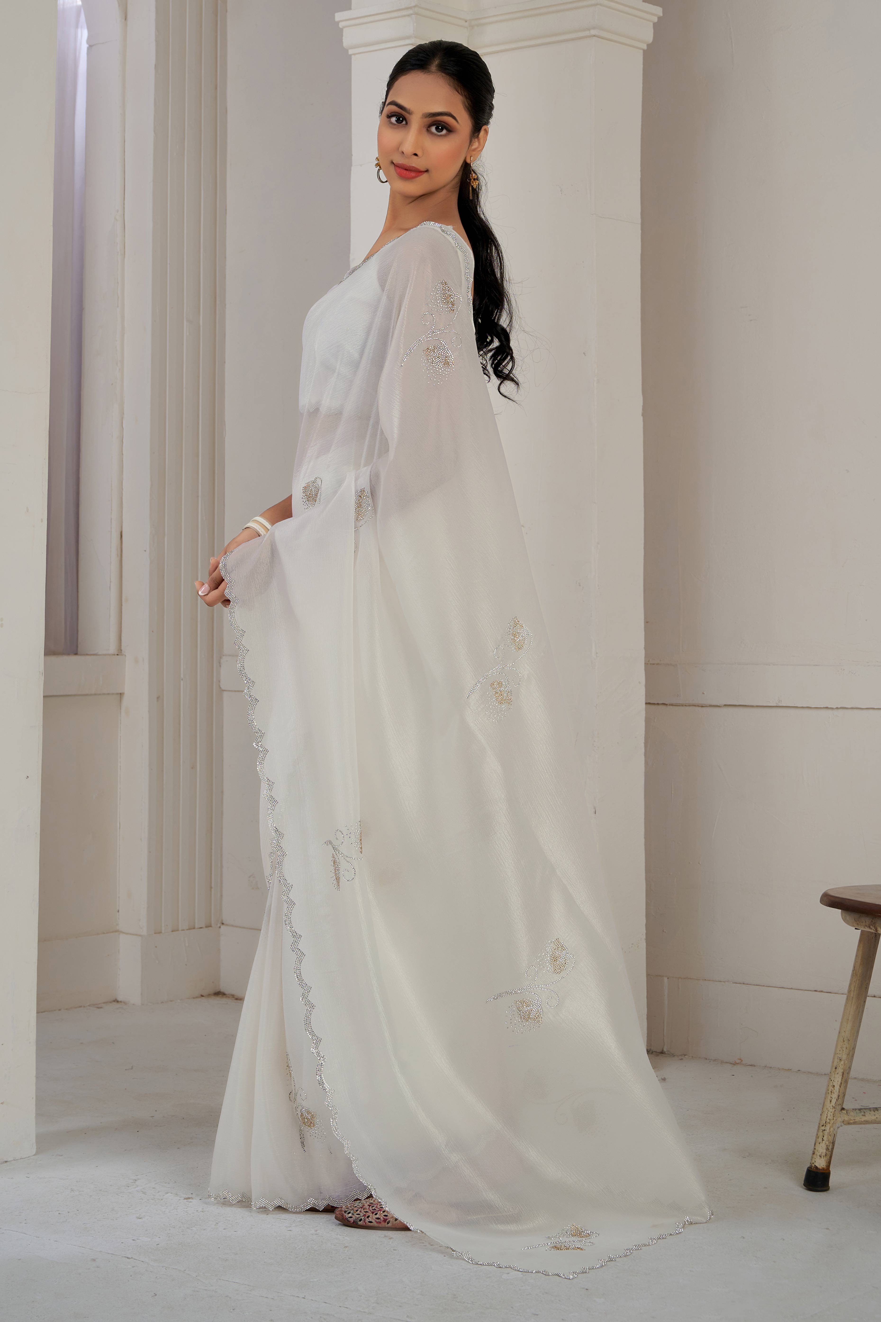 White Stone Work Embroidered Crepe Silk Saree