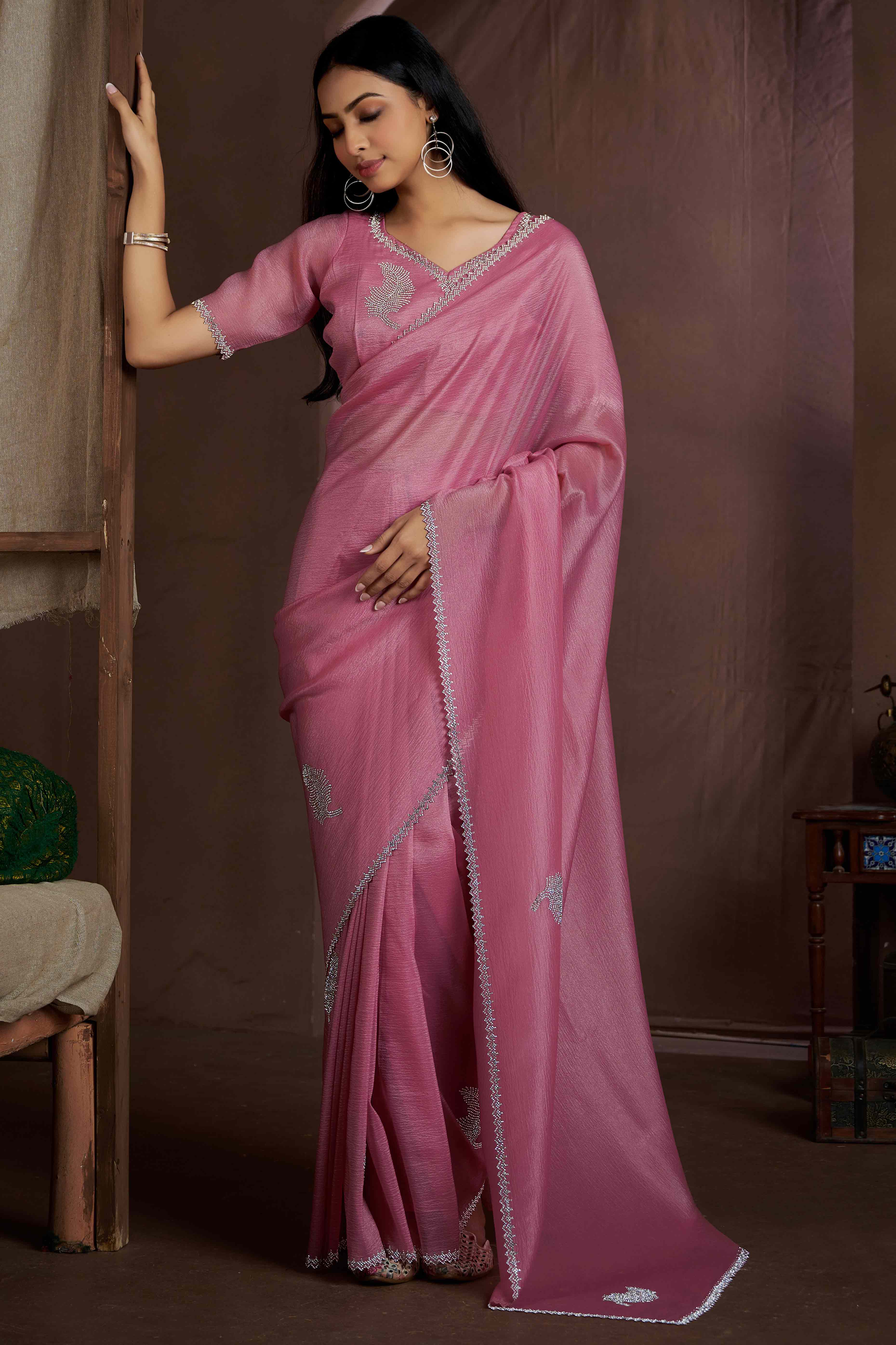 Onion Pink Stone Work Embroidered Pure Silk Saree