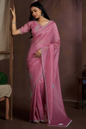 Onion Pink Stone Work Embroidered Pure Silk Saree