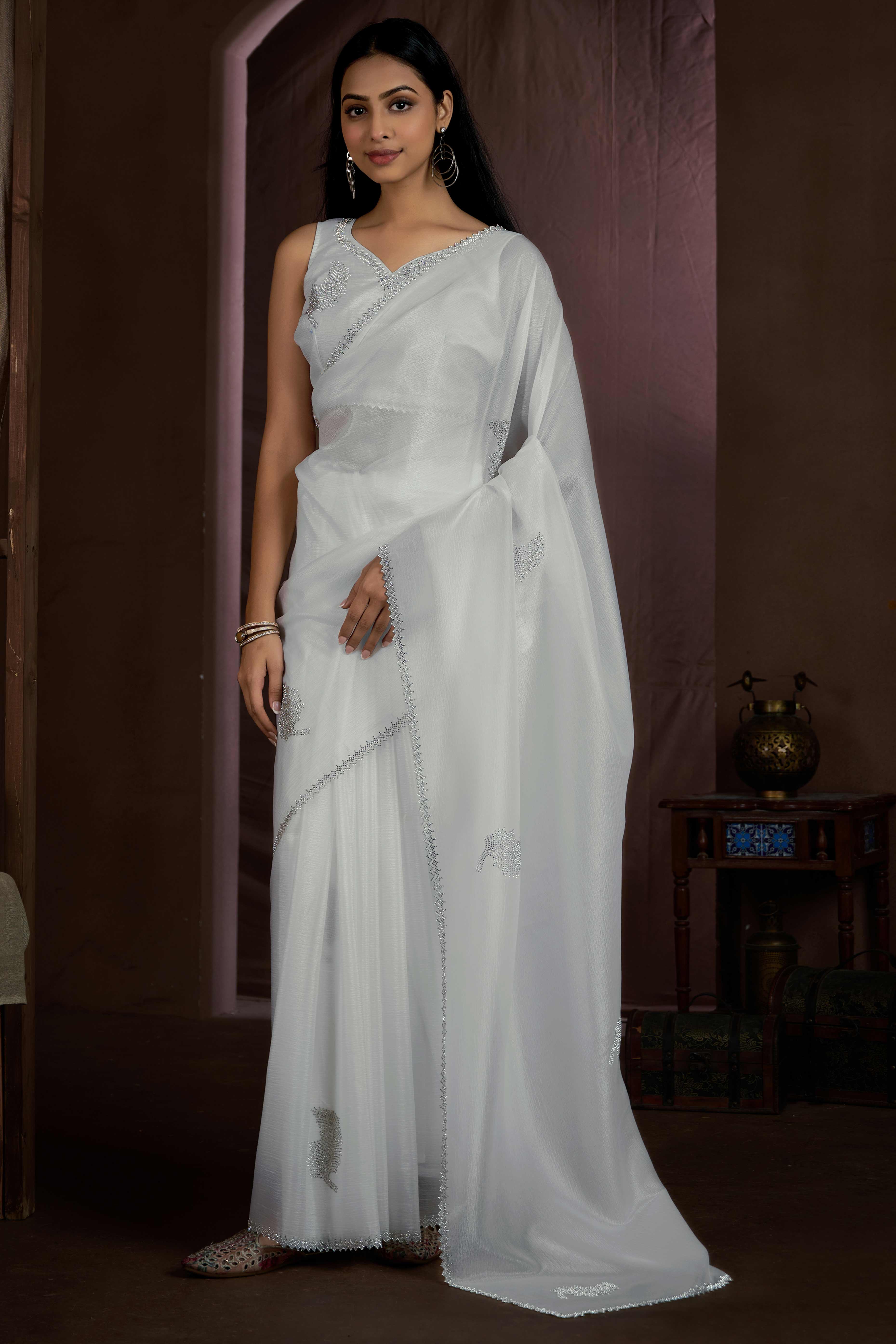 White Stone Work Embroidered Pure Silk Saree