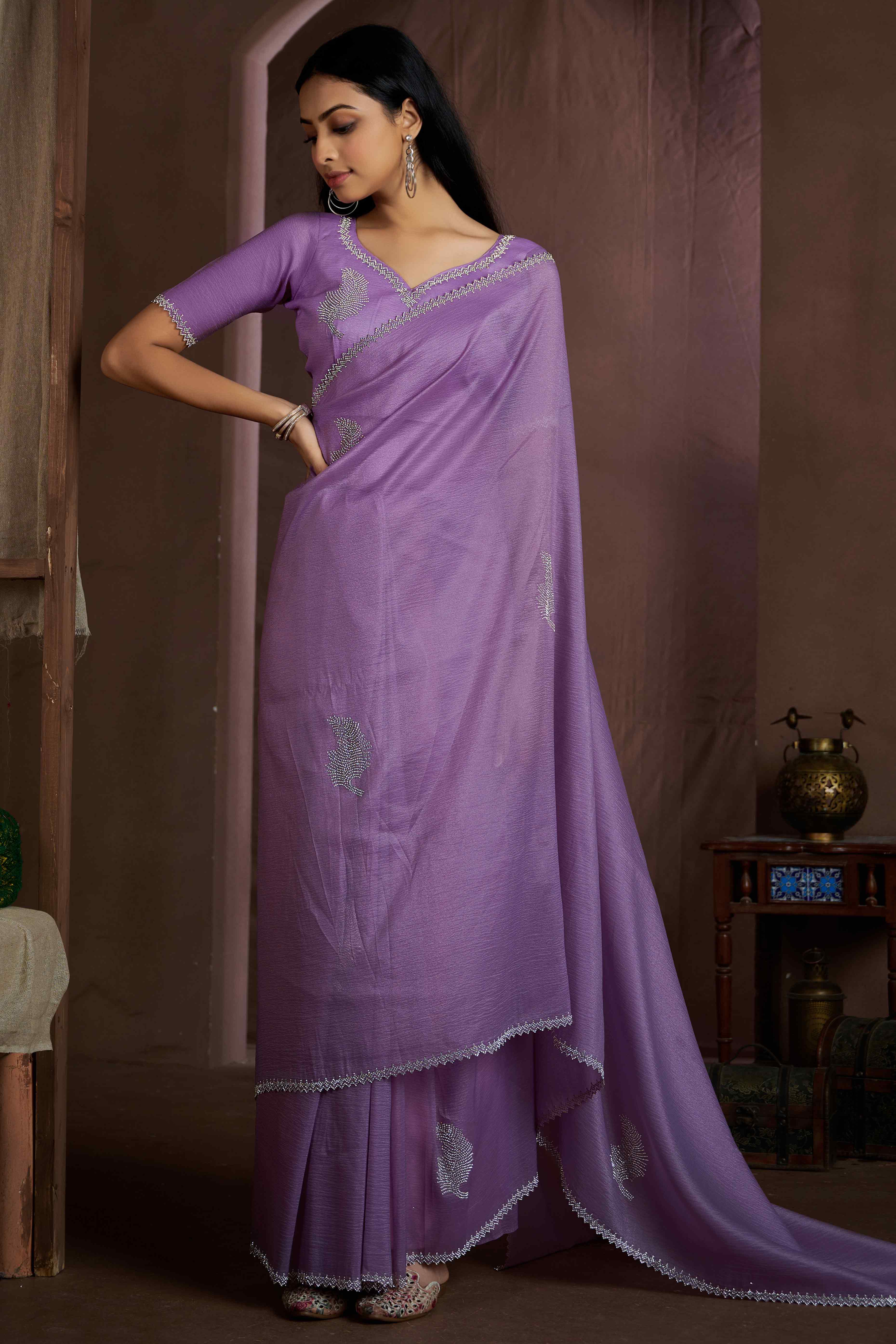 Purple Stone Work Embroidered Pure Silk Saree