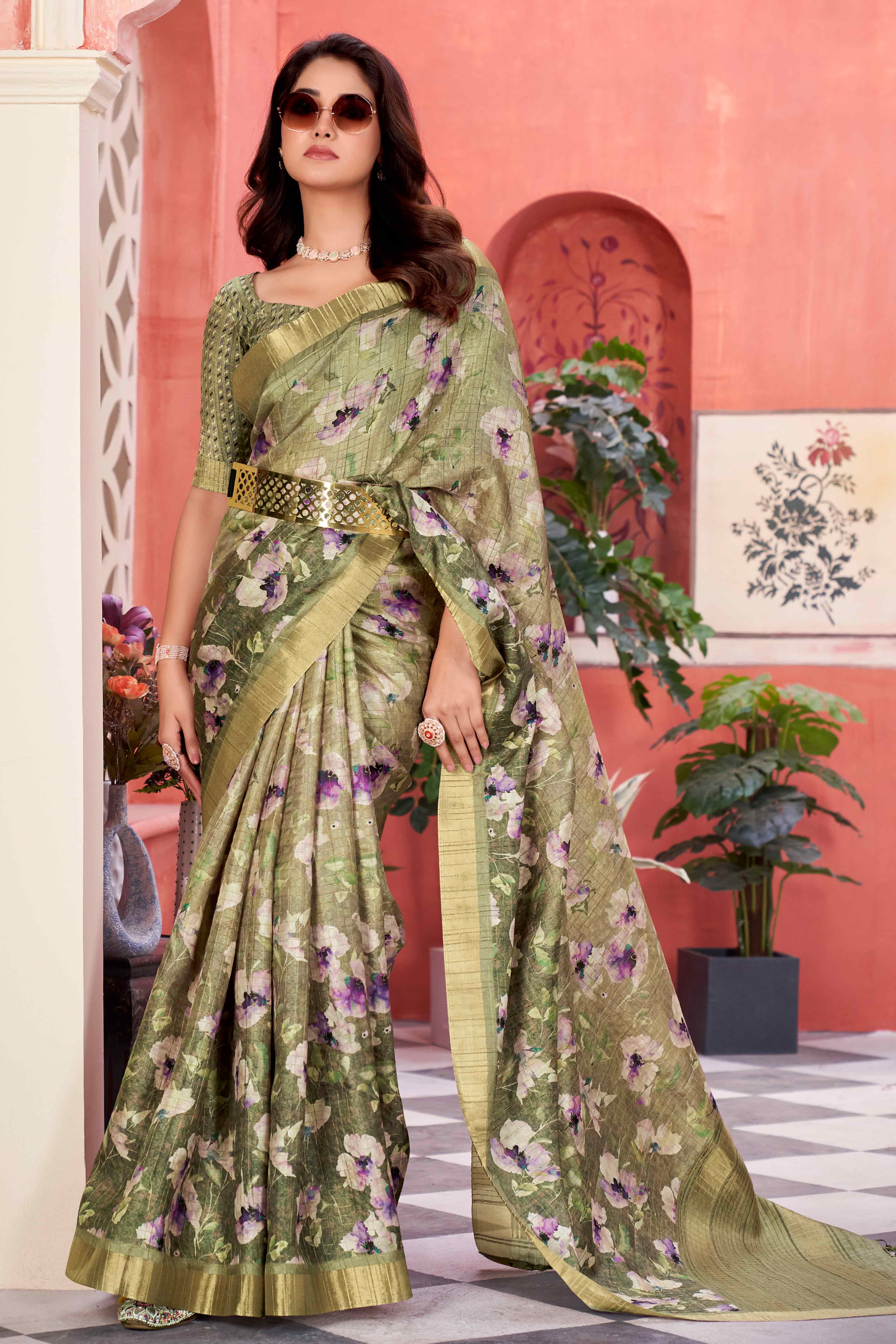 Green Floral Soft Silk Blend Saree with Digital Prints