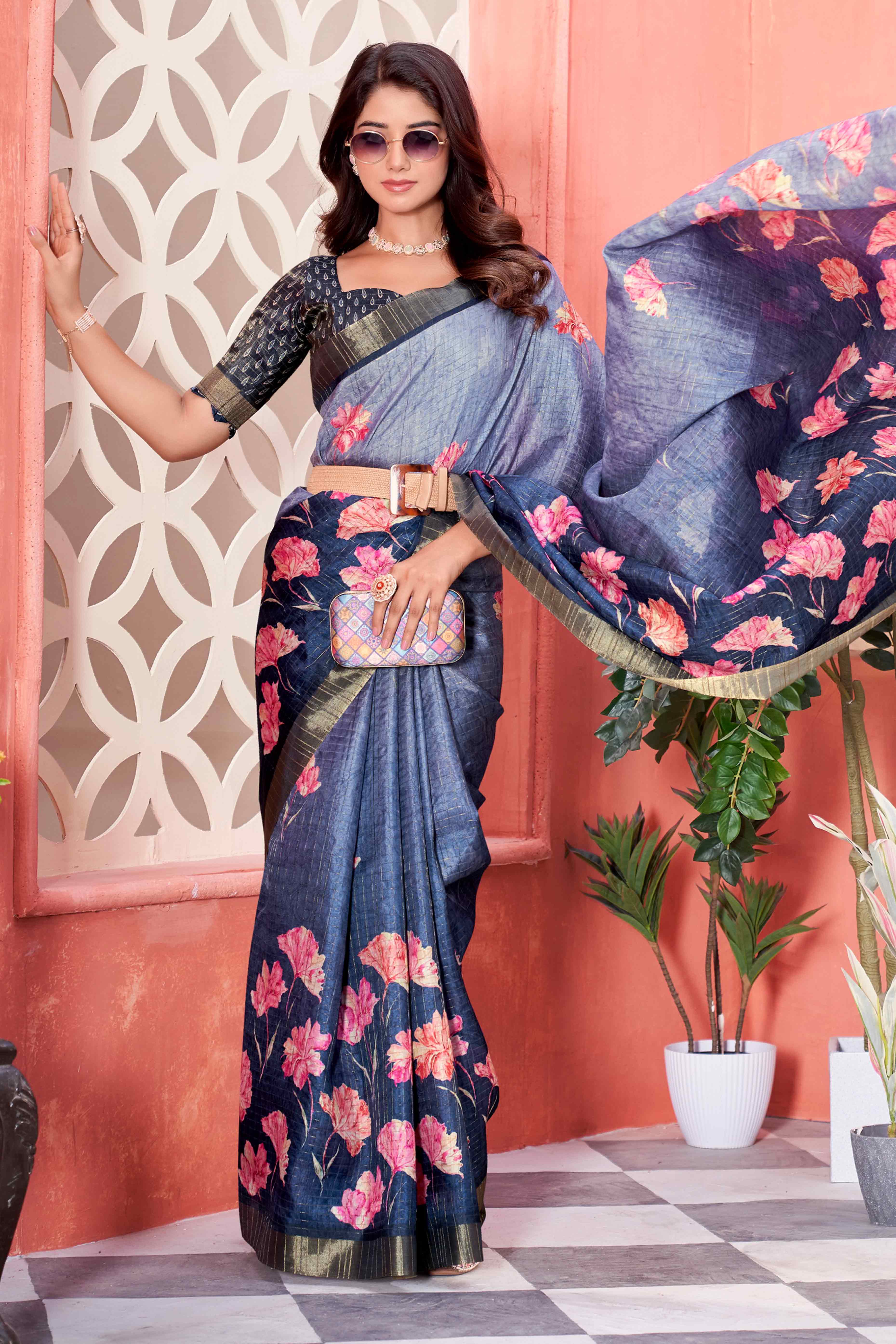 Blue Floral Soft Silk Blend Saree with Digital Prints