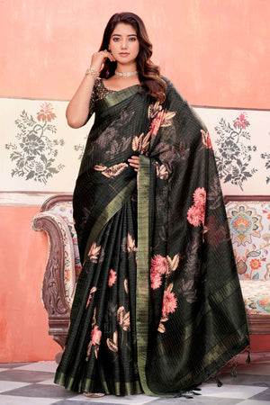 Black Floral Soft Silk Blend Saree with Digital Prints